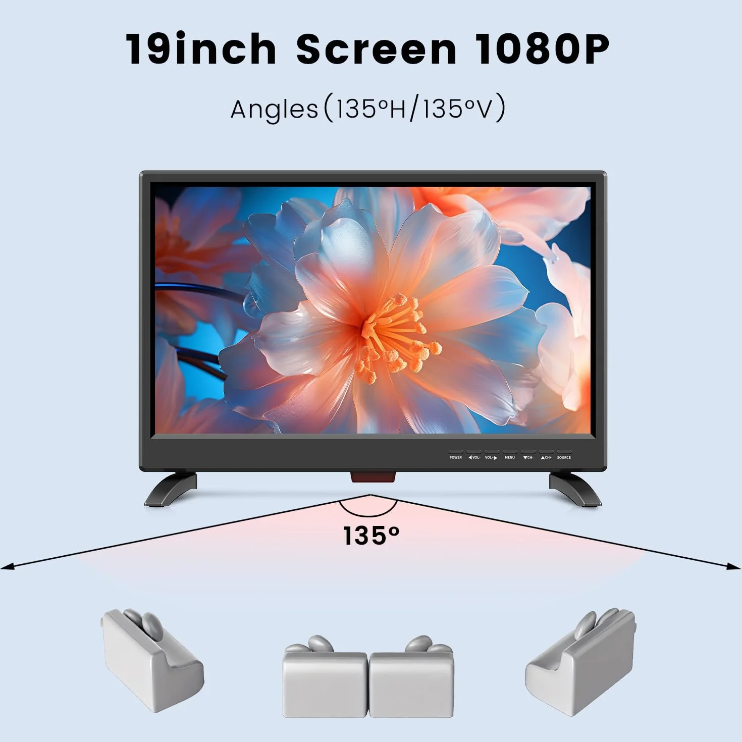 TV 19 Pouces 45cm Full HD 1080P LED Récepteur Numérique T2 H.256 DTT Freeview 12V HDMI USB RCA VGA