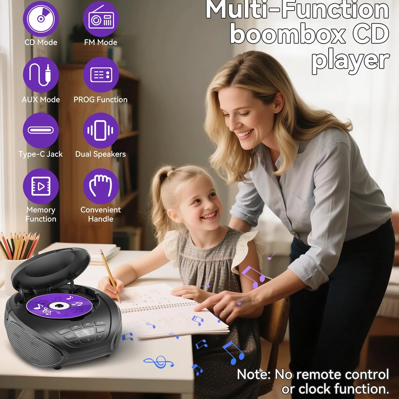Gueray Lecteur CD Portable Boombox Radio FM Haut-parleurs Entrée AUX Prise Casque Lecture Prog