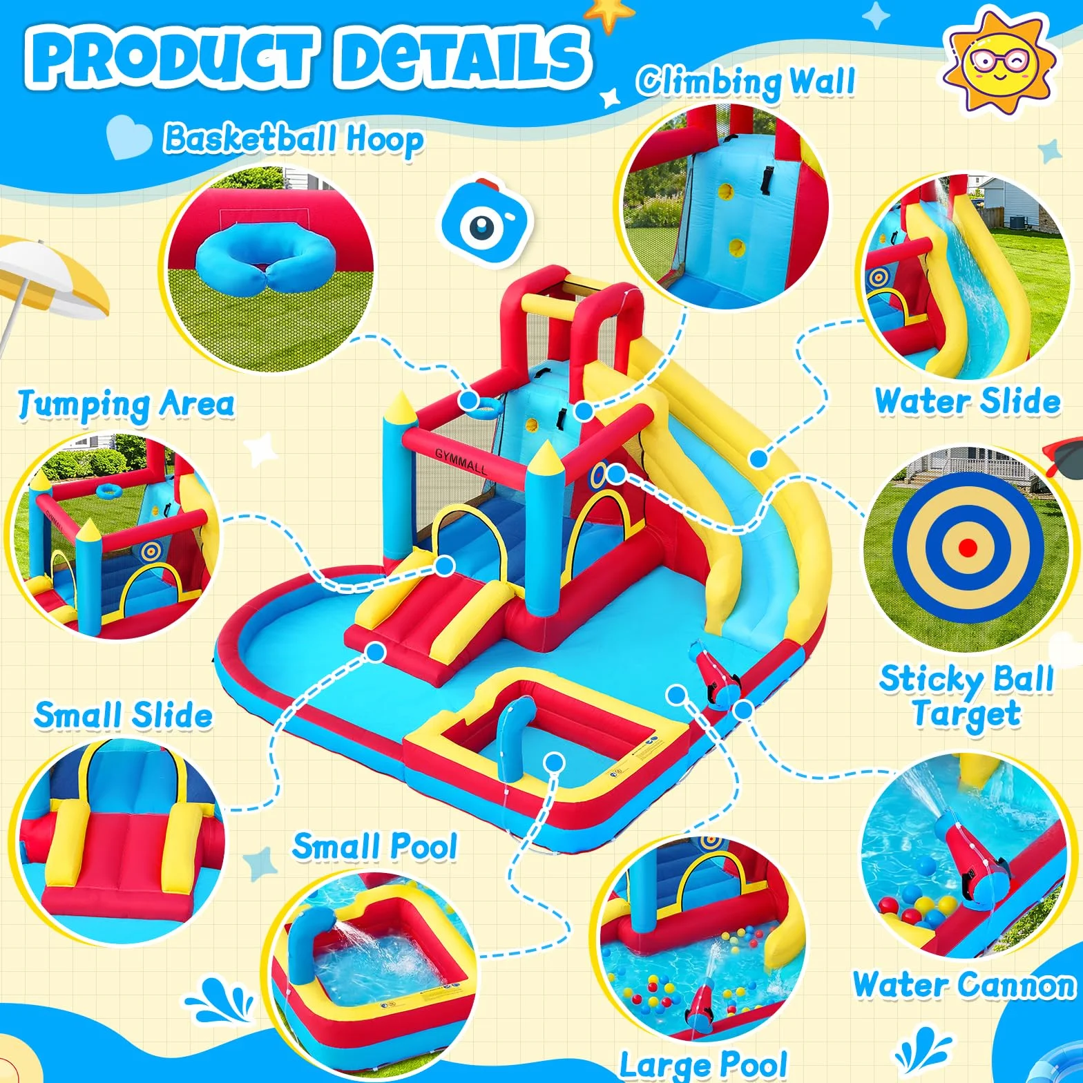 Château Gonflable pour Enfants 8-en-1 avec Souffleur 480W, Toboggan, Mur d'escalade, Trampoline et Pataugeoire