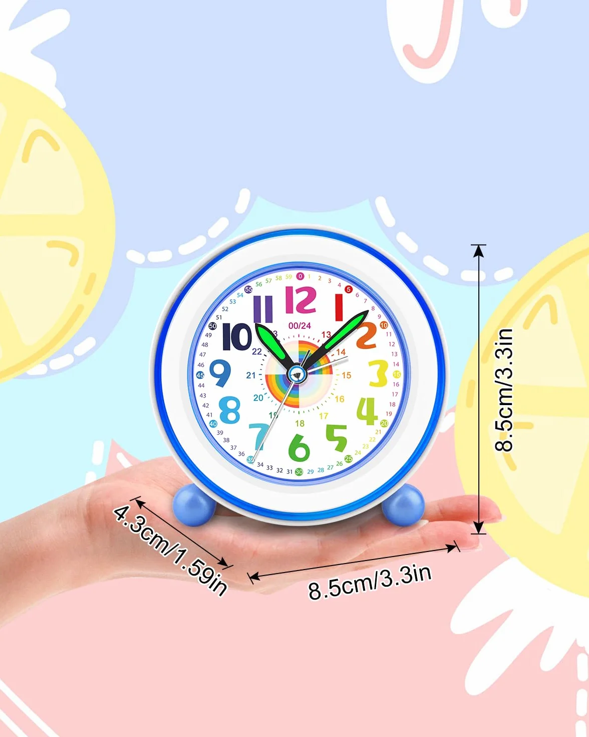 Réveil Enfant Fille Garçon, Horloge Analogique Pédagogique sans Tic-Tac avec Veilleuse et Snooze, Cadeau Chambre (Bleu Arc-en-Ciel)