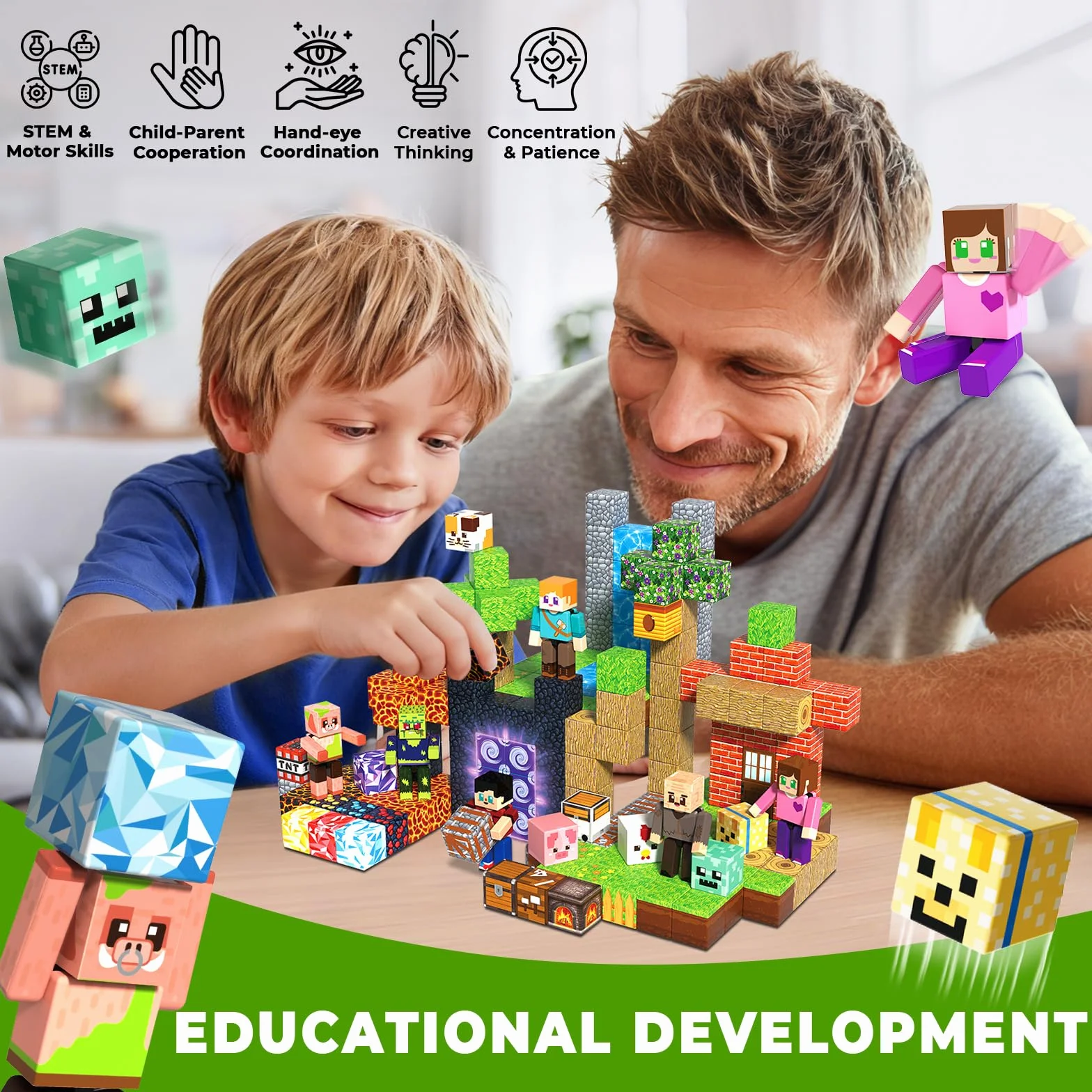 Magneverse Construction Magnétique Enfant 210 Pièces 6 Figurines Jeu de Construction Éducatif Cadeau 6-12 Ans