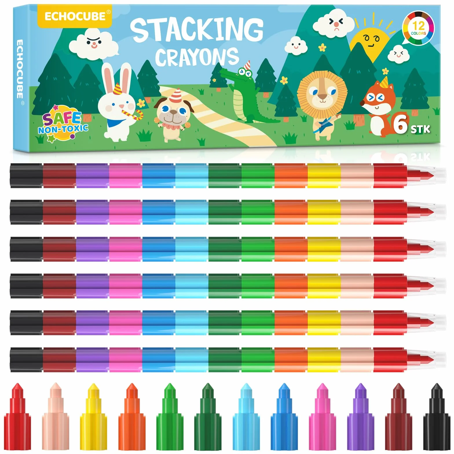 Crayons de Couleur Empilables pour Enfants, Ensemble de Crayons de Cire Arc-en-ciel