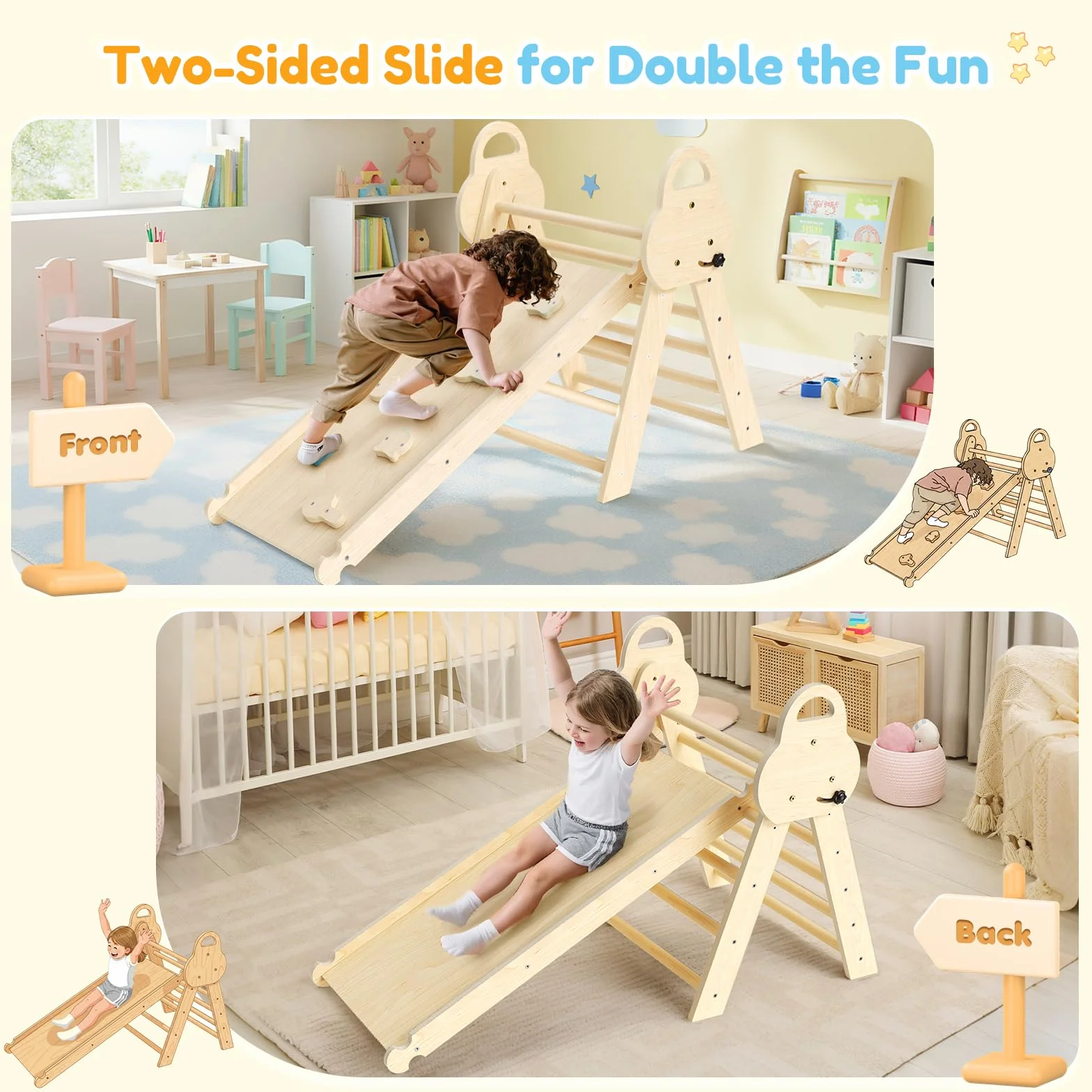 Montessori Triangle Arche 7 en 1, Arche d'escalade et Toboggan en Bois pour Tout-Petits 1-3 Ans