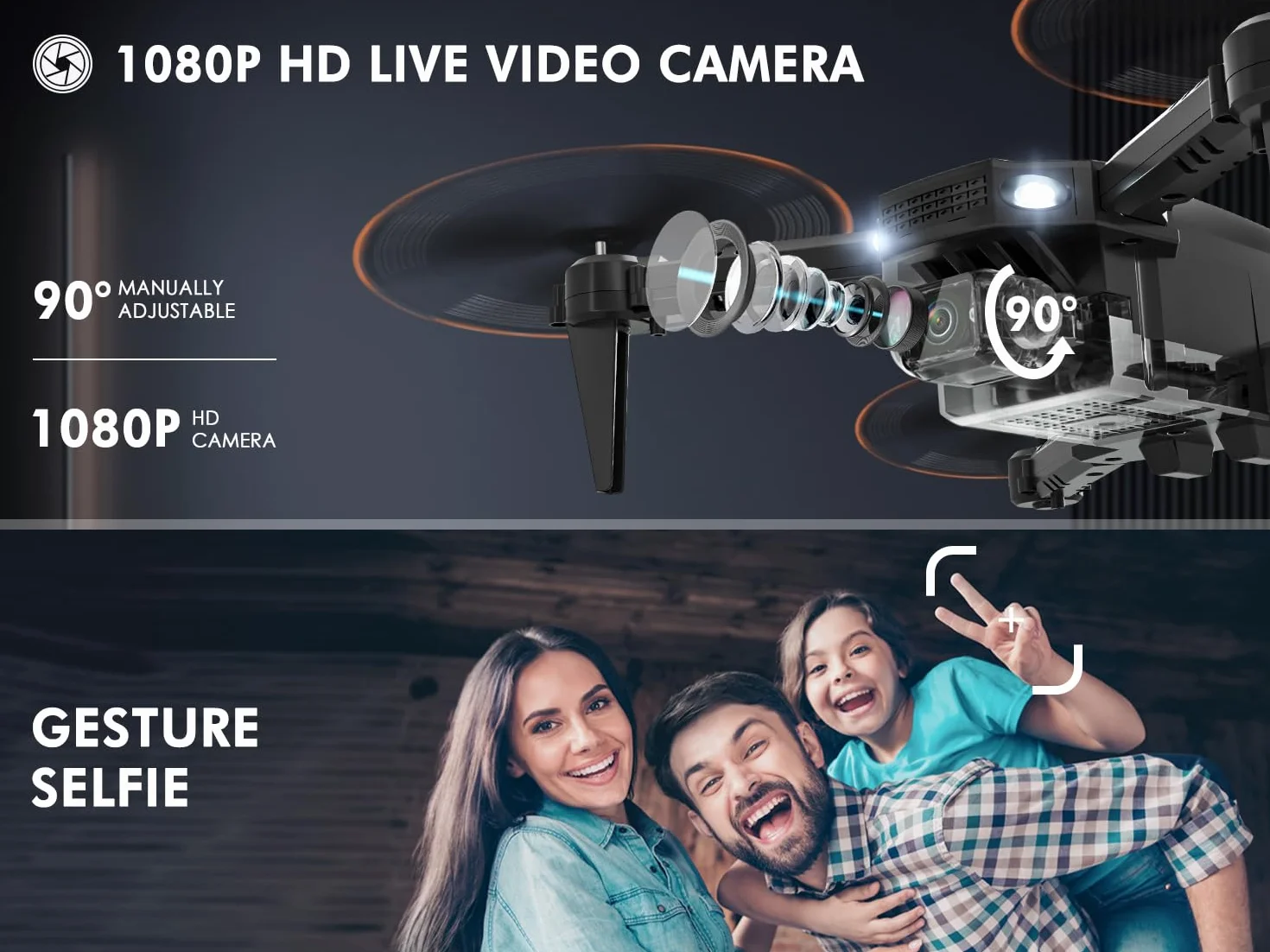 Drone pour Enfant avec Caméra 1080P HD FPV Quadricoptère Télécommandé Mode sans Tête Maintien d'Altitude 360°Flips 2 Batteries
