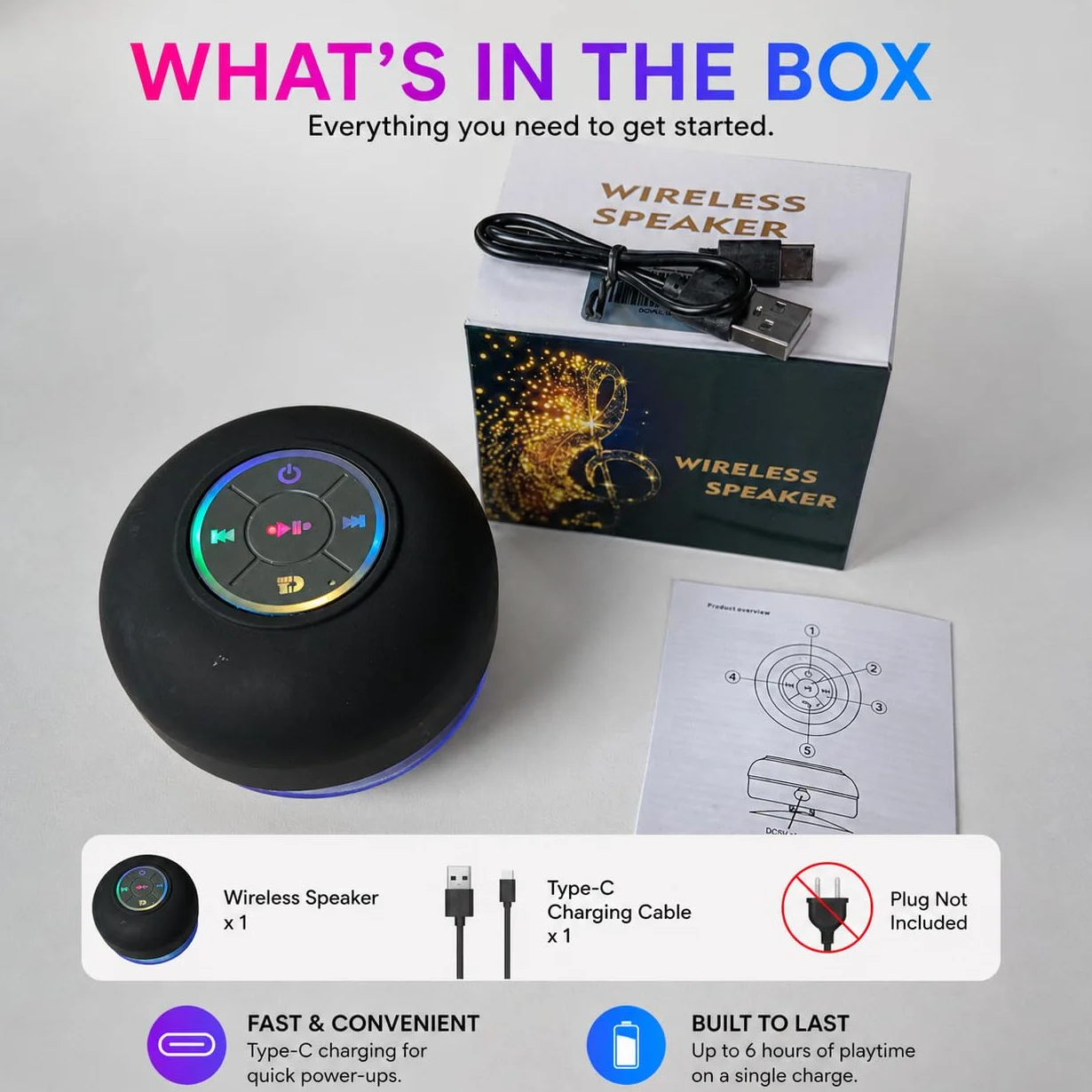 Enceinte Bluetooth étanche IPX4 portable sans fil avec LED, micro intégré, ventouse rechargeable noir