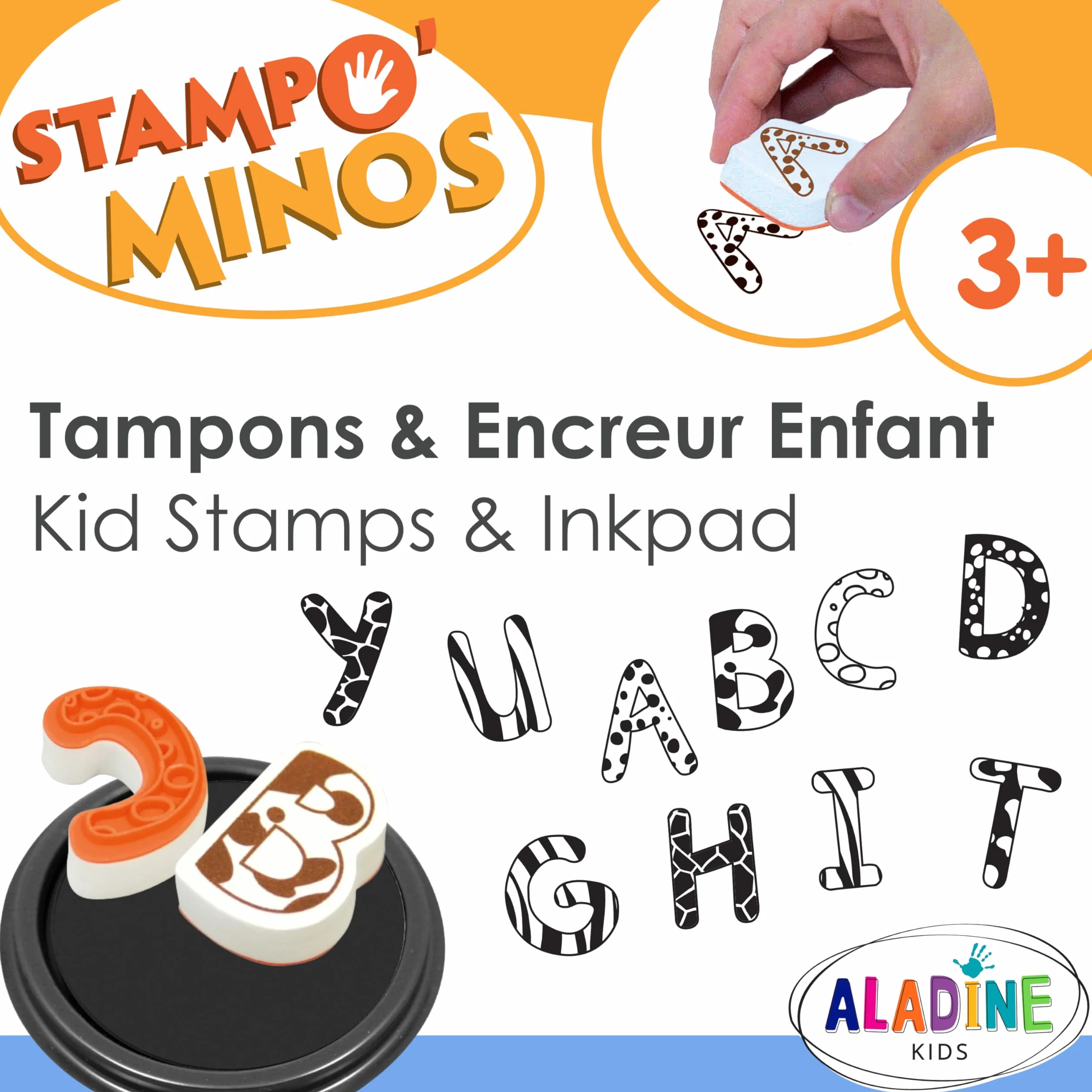 Aladine Stampominos 26 Tampons Lettres Alphabet avec Encreur Encre Lavable pour Enfant dès 4 Ans