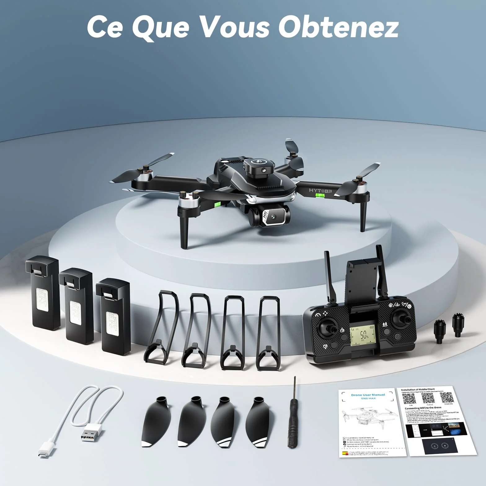 Drone avec caméra 1080p, moteur sans balais, caméra réglable électriquement à 90°, maintien de flux optique, vrille à 360°, 3 batteries, protection d'hélices, drone pour adultes (noir)