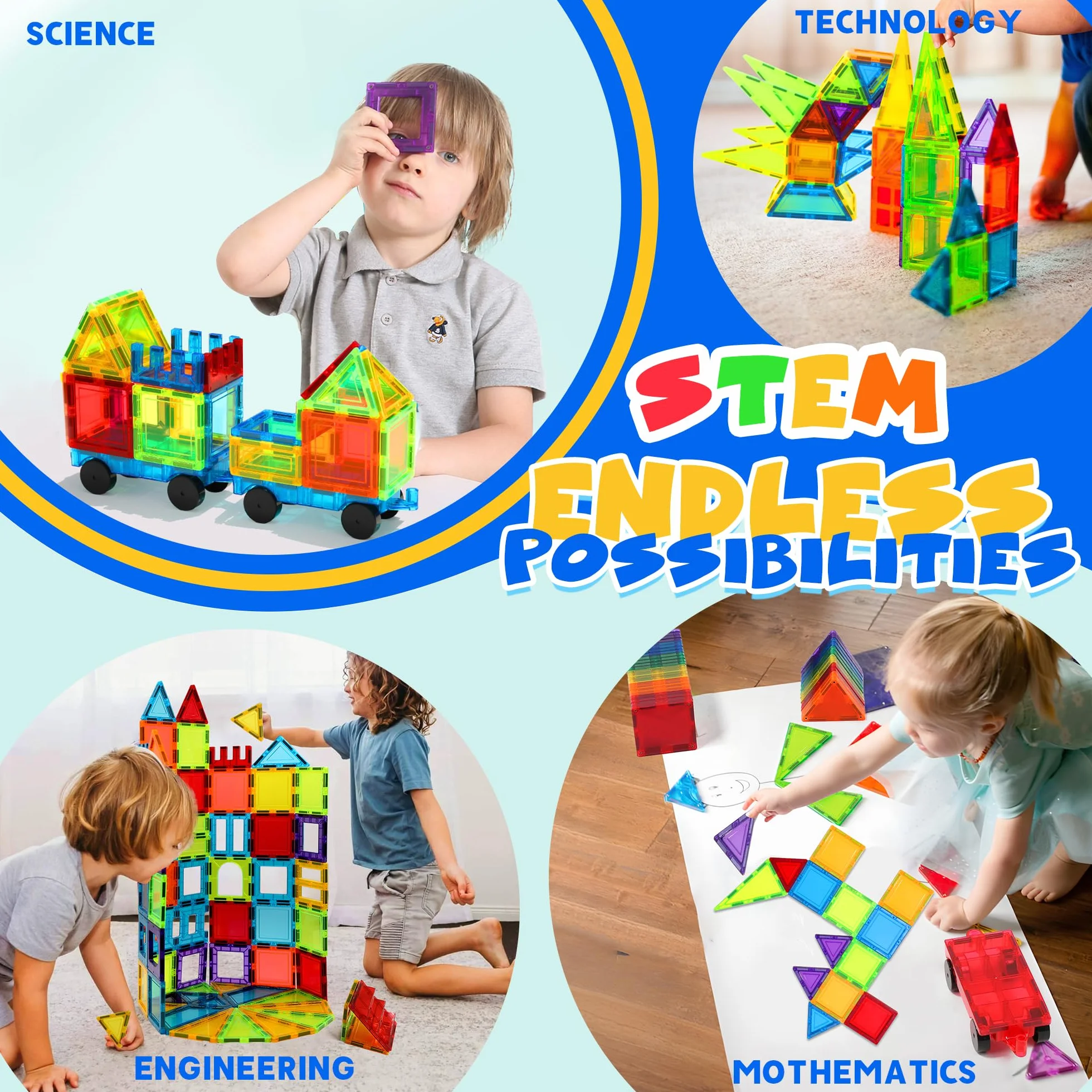 Blocs de Construction Magnétiques 131 PCS avec 2 Voitures, Jouets pour Enfants 3-8 Ans Multicolore