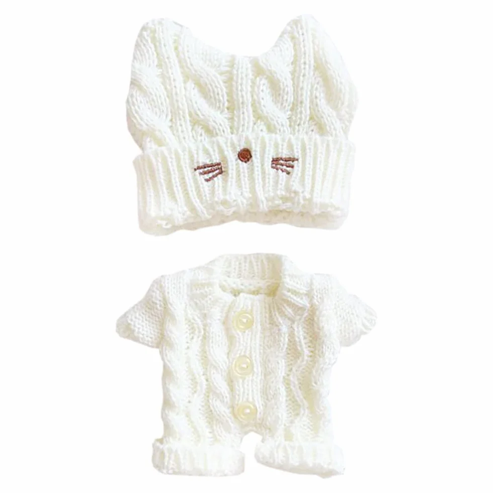 niannyyhouse Vêtements de poupée en peluche 20 cm, chapeau chat, grenouillères laine, accessoires