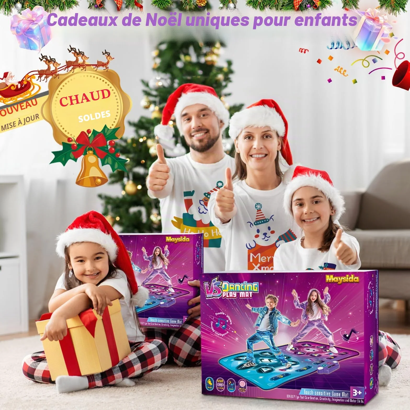 Tapis de Danse Rechargeable Double Joueur Taille Extra-Large 150x96 cm avec Musique Mode Défi Piano Lumières LED Cadeau Enfants 3-12 Ans