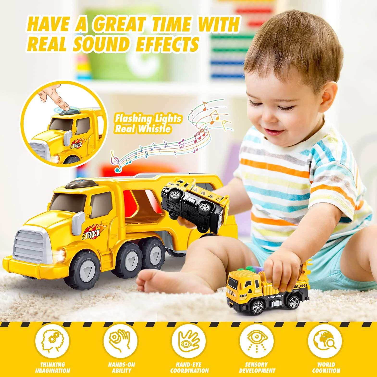 EUCOCO Camion Jouet Enfant 1-6 Ans, Cadeau Garçon, Petite Voiture Jaune