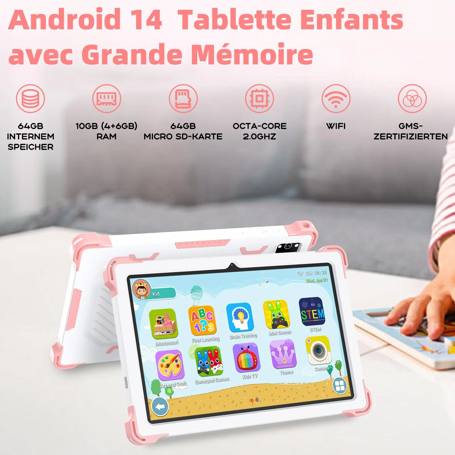 Tablette pour Enfant 10 Pouces Android 14 Kids Tablette avec 10GB+64GB(TF 1TB),Tablet Tactile Octa-Core,iWawa Éducative Apps Pré-Installé,Contrôle Parental, avec Protection Coque, Rose