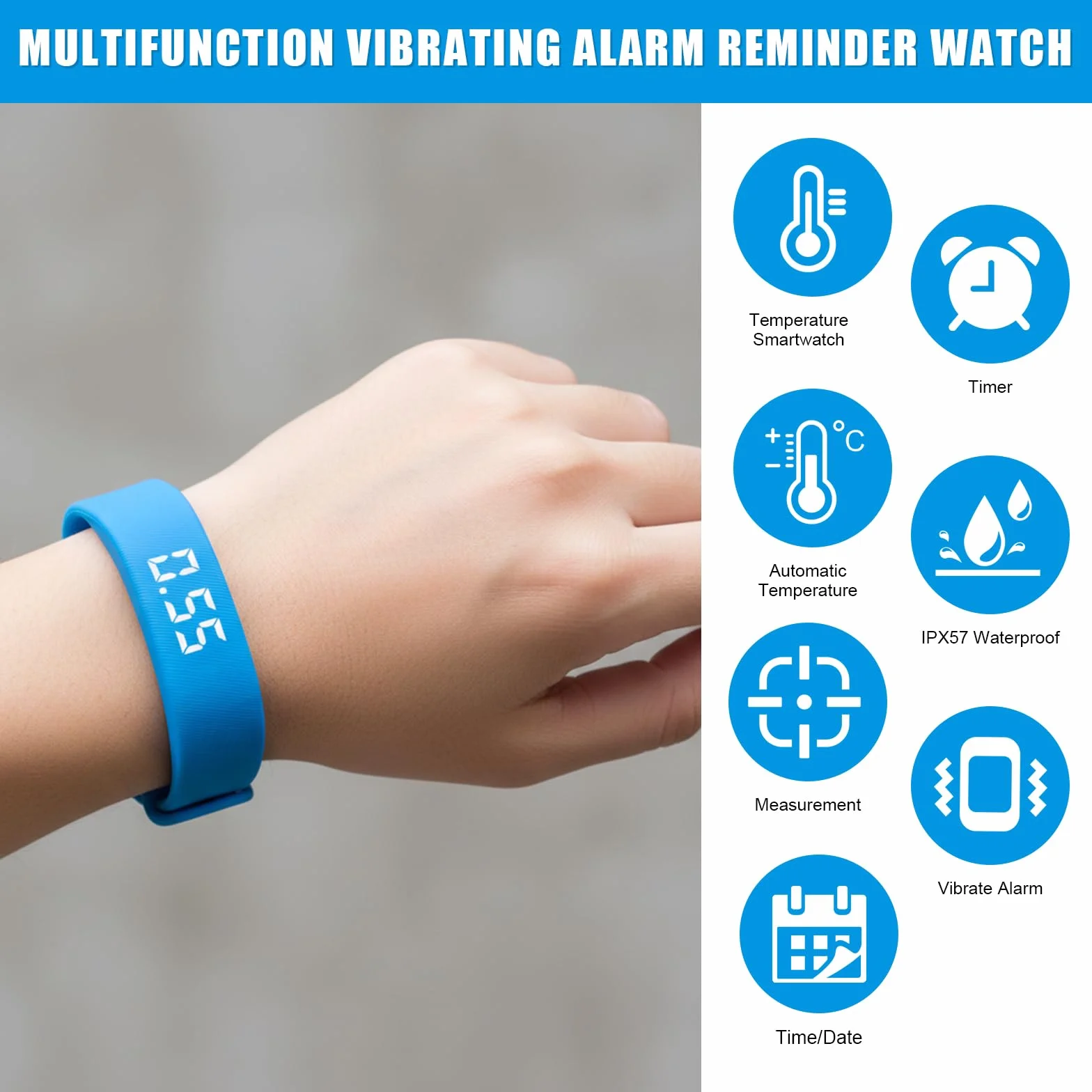 Bracelet Reveil Vibrant Bleu Montre Vibrante Portable avec Alerte par Vibration Silencieuse étanche Multifonctionnel