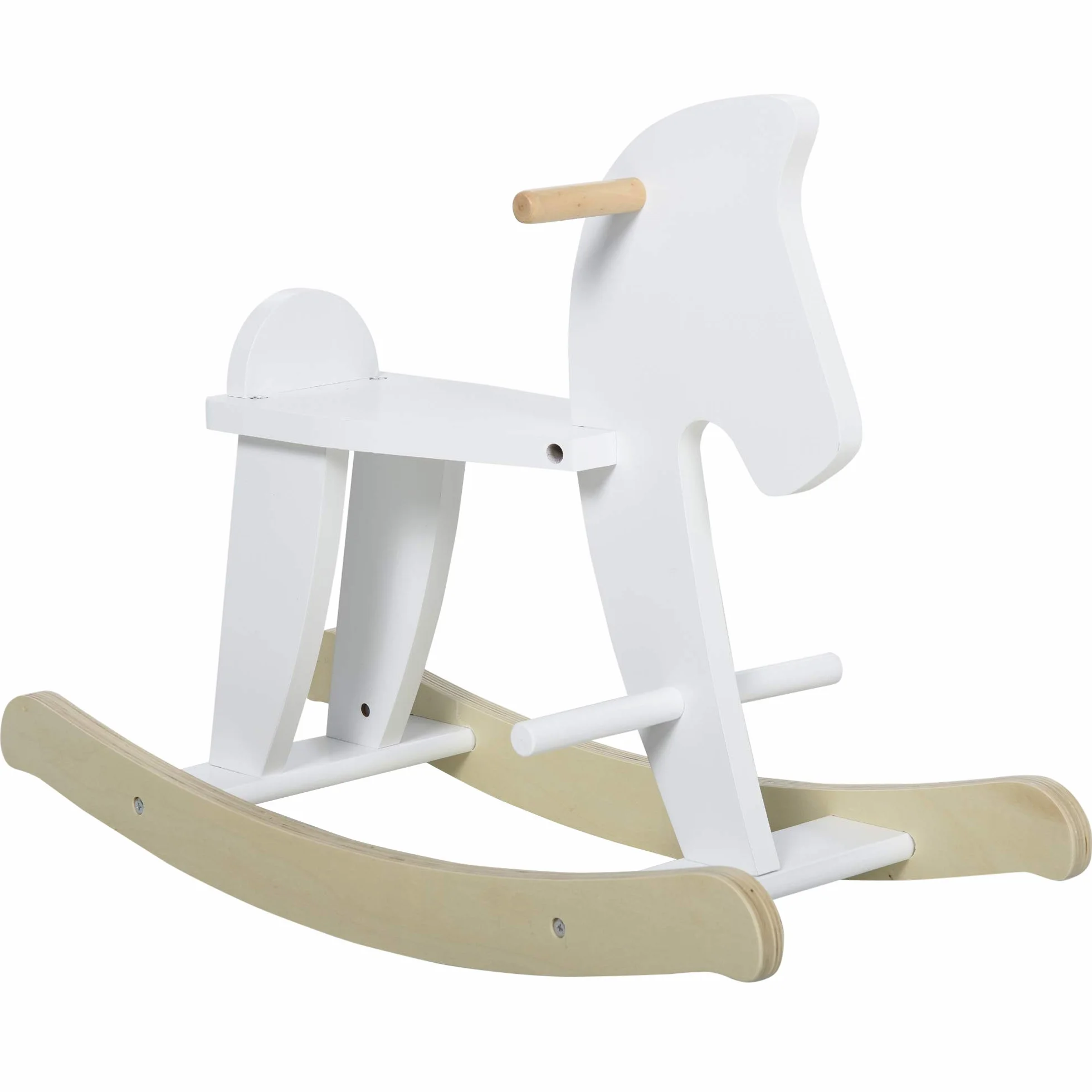 HOMCOM Cheval à Bascule en Bois avec Poignées, Repose-Pied et Butées - MDF Contreplaqué Blanc et Bois Naturel