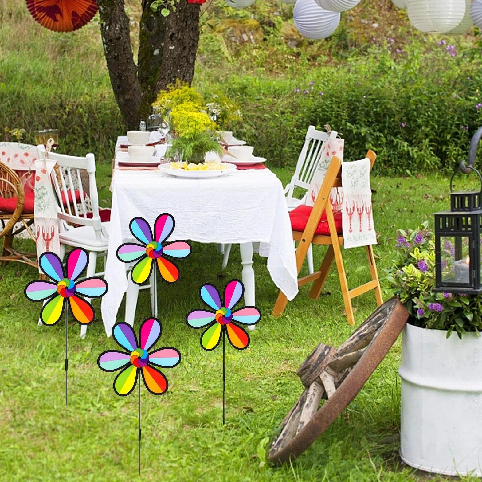 Lot de 4 moulins à vent d'extérieur en forme de pétale – Résistants aux intempéries, décoration jardin patio terrasse
