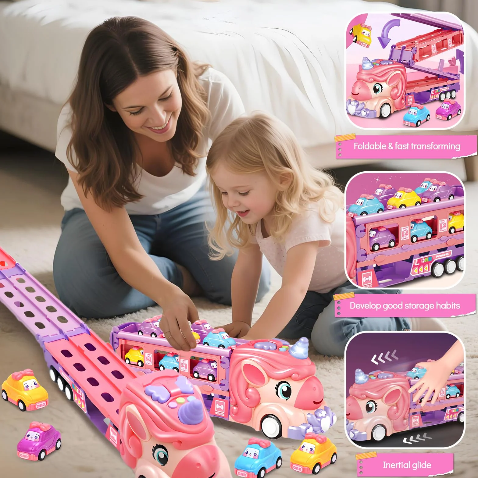 RoserRose Camion Licorne pour Fille 2-6 Ans avec 6 Mini-Voitures et Piste de Course, Lumières et Musique, Cadeau Enfant