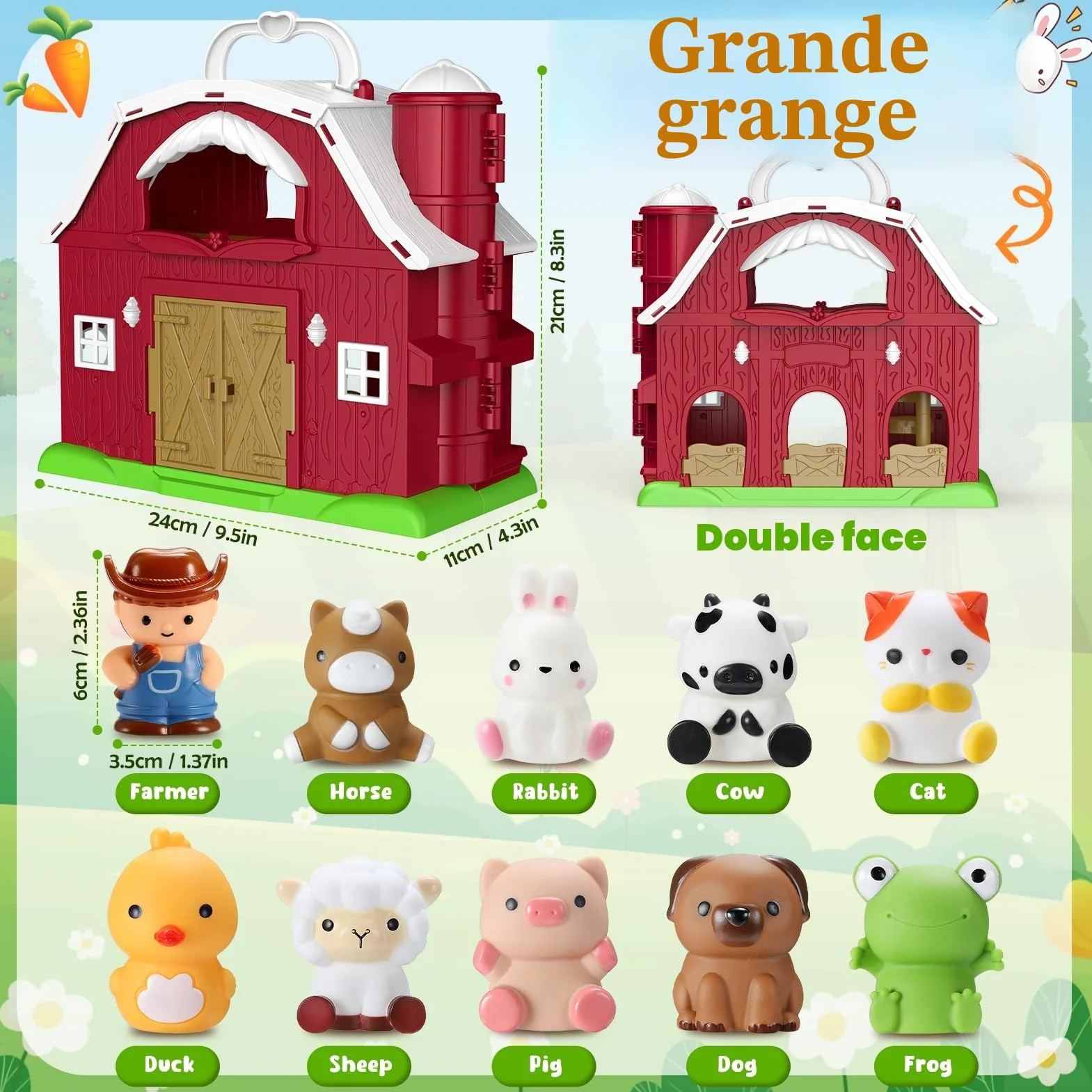 Jouet Ferme Montessori pour Bébé 1-4 Ans, Grange Dépliable avec 9 Animaux & Fermier - Jeux Éducatif Portable