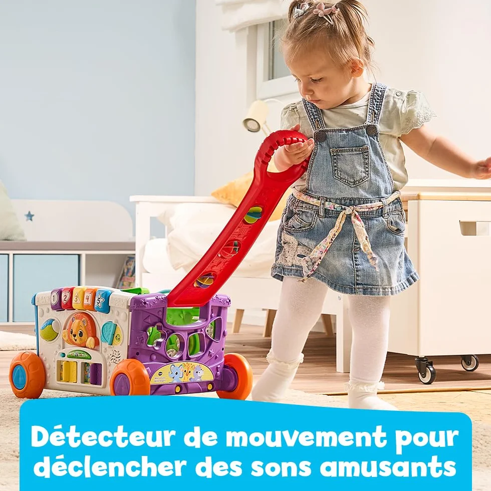 VTech Super Chariot Interactif Multi-Activités, Chariot Enfant à Tirer avec Trieur de Formes, Jeux d’Éveil, Bac à Jouets Musical, Cadeau Bébé 1 an
