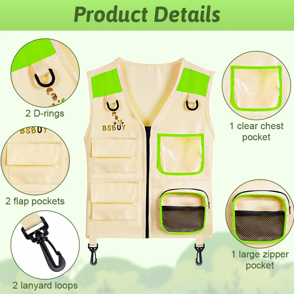 Kit de Exploration Enfant 4Pcs Aventurier Extérieur avec Gilet Safari Chapeau Filet à Papillon Loupe