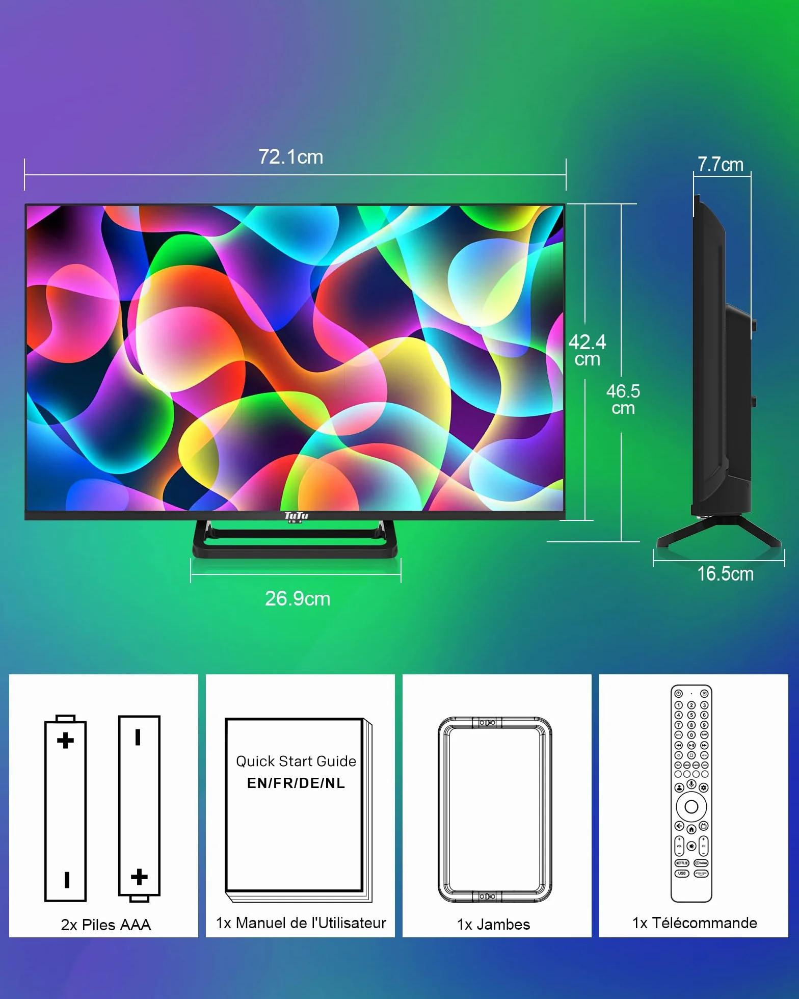 TuTu TUG32HQ1C Smart TV 32 Pouces (80 cm) Google TV WiFi Bluetooth Triple Tuner DVB-C/S2/T2