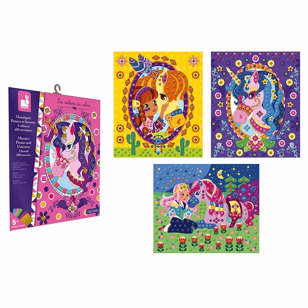 Janod Coffret Mosaïques en Mousse Poneys et Licornes Kit Loisir Créatif Enfant dès 5 ans
