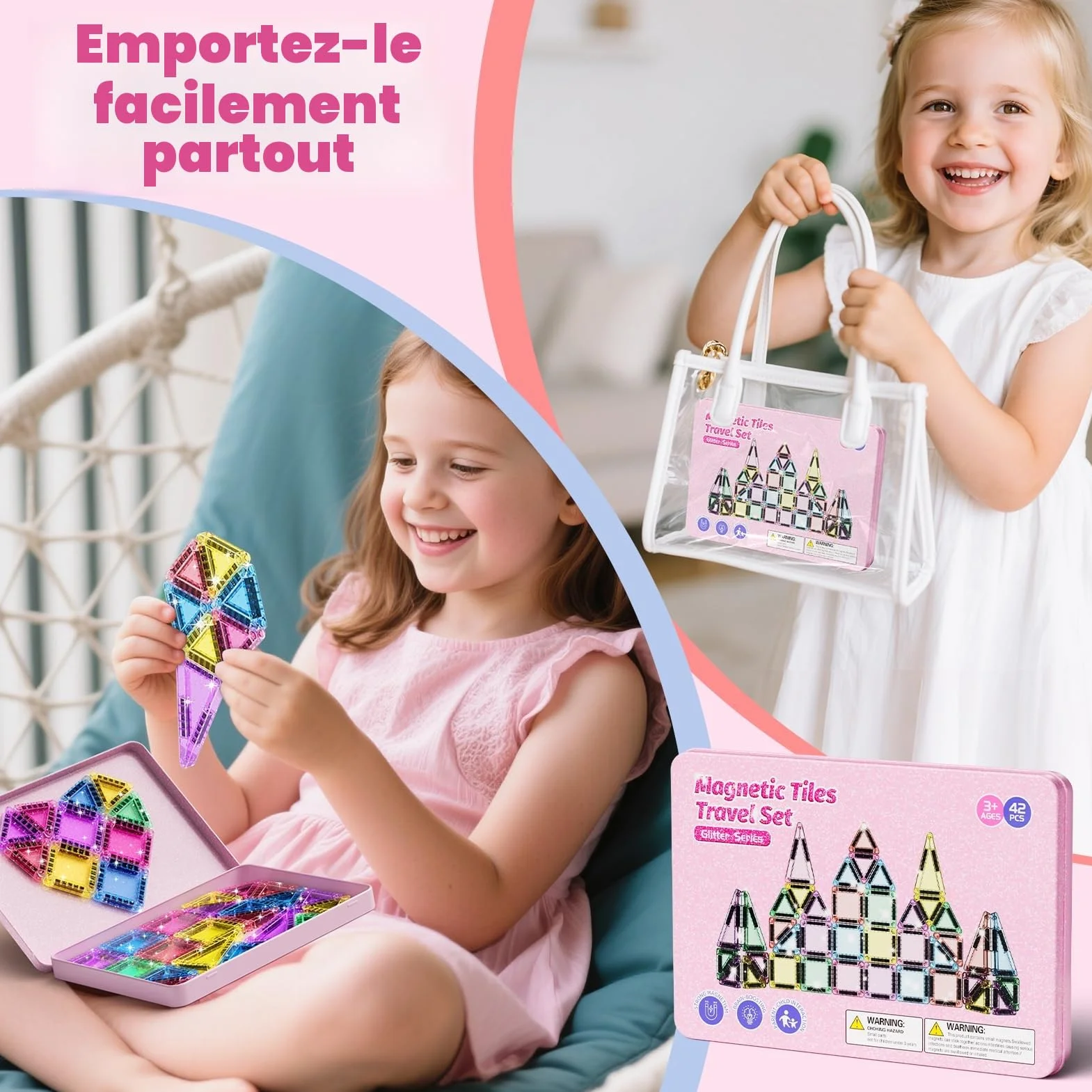 Lot de 42pcs Magnétiques de Voyage à Paillettes Jouet de Voyage pour Enfants Blocs de Construction Magnétiques Cadeau pour Fille