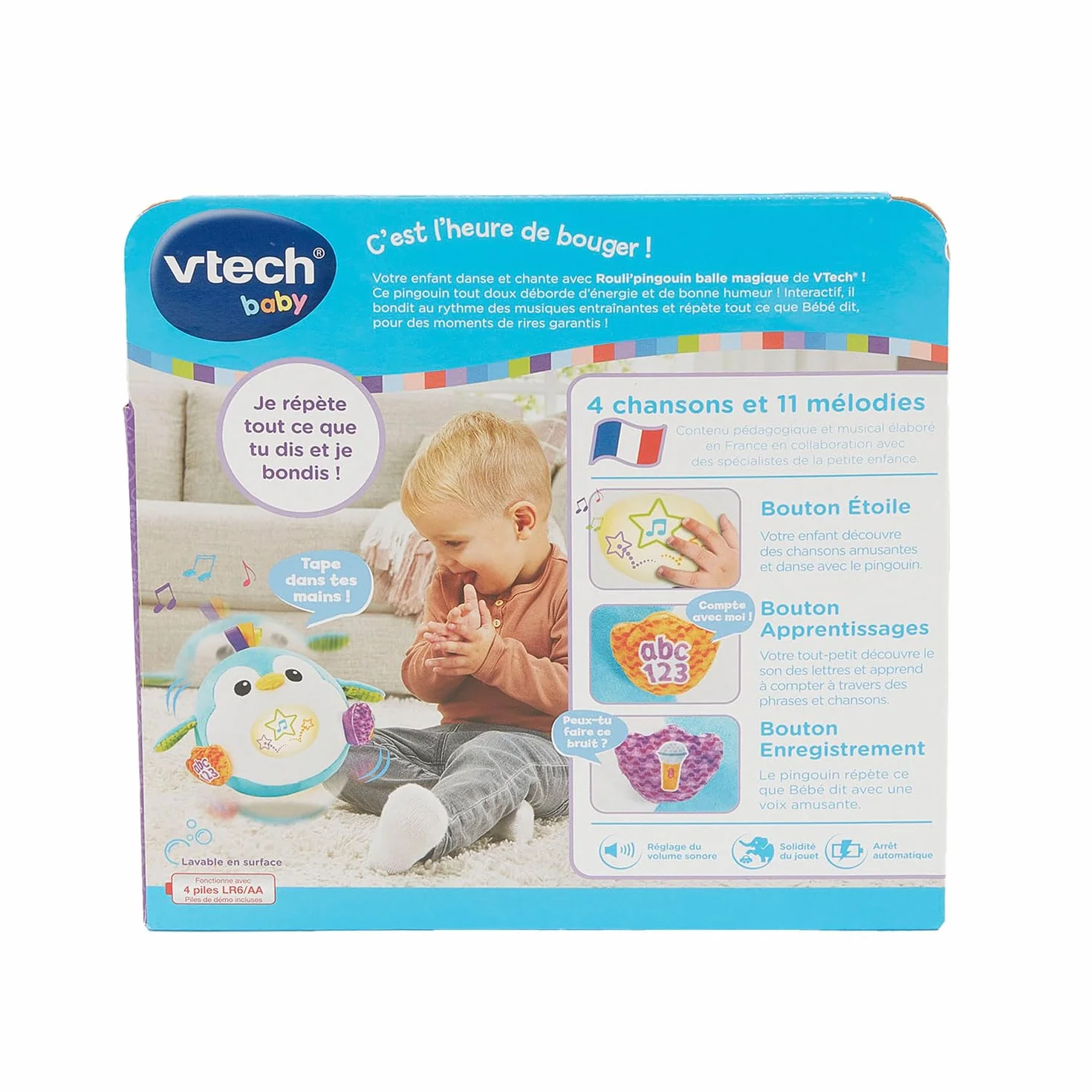 VTech Rouli'Pingouin Balle Magique Peluche Interactive Bébé Qui Répète, Saute et Roule - Balle Bébé Éveil Musical, Pingouin Jouet Sensoriel - Cadeau Enfant Dès 1 an