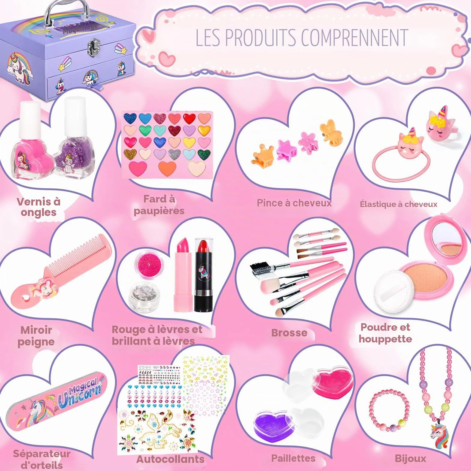 Coffret Maquillage Enfant Filles, 68pcs Lavable Malette Maquillage Jouet, Cadeau Noël Anniversaire 4-10+ Ans