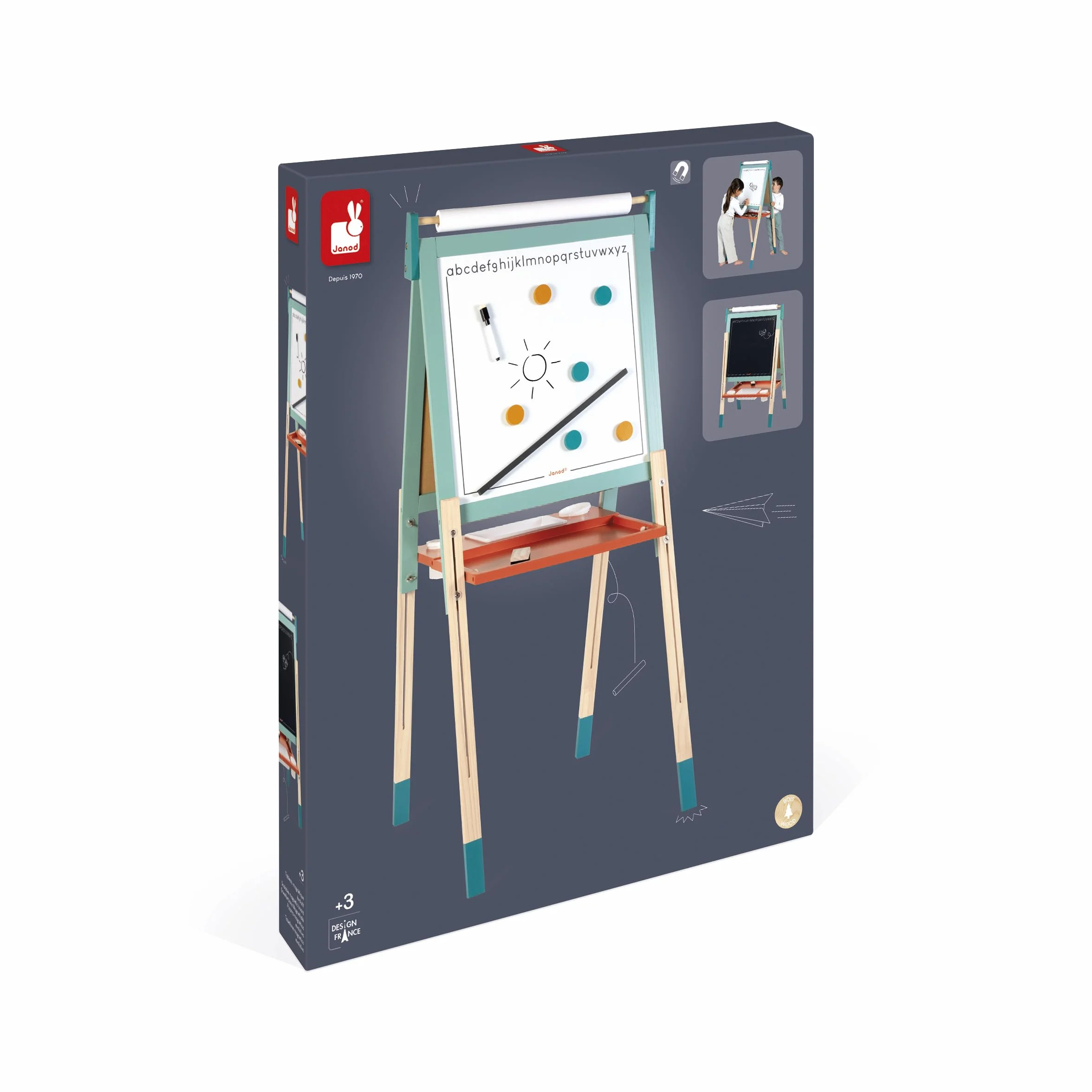 Janod Tableau Chevalet Double Face en Bois Réglable en Hauteur Ardoise Blanche Magnétique + Craie + Rouleau Papier 23 Accessoires Dès 3 Ans