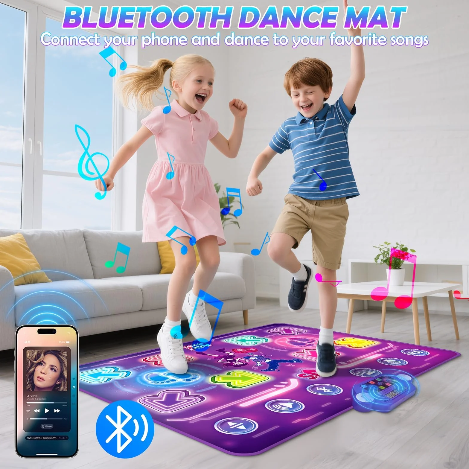 Tapis de Danse Musical Électronique pour Enfants avec 8 Flèches Lumière LED & Bluetooth, 3 Modes de Jeu, Cadeau Noël 3-10+