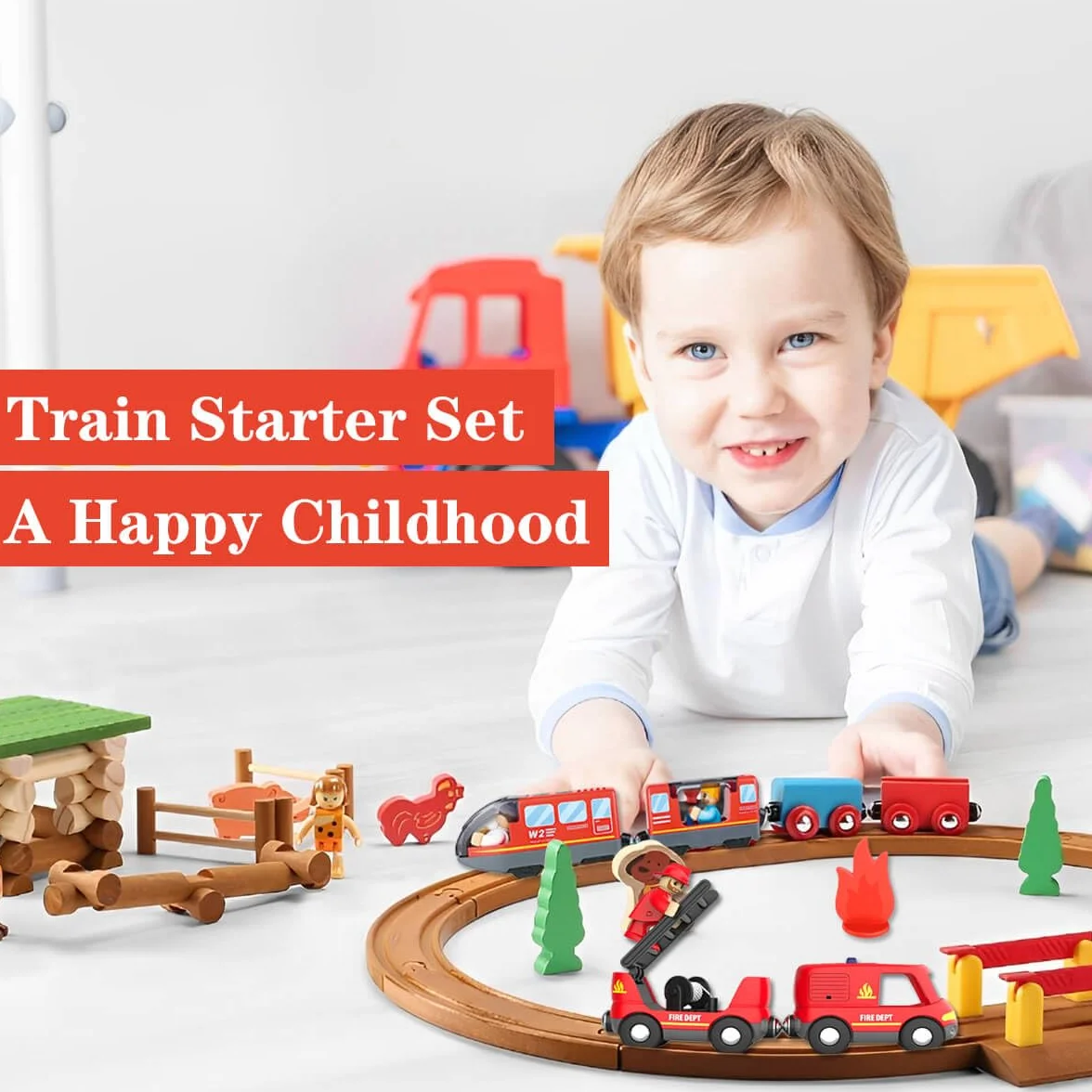 LiRiQi Camion de Pompiers Son et Lumière, Train Magnétique Enfant Compatible Brio Thomas Rails Bois