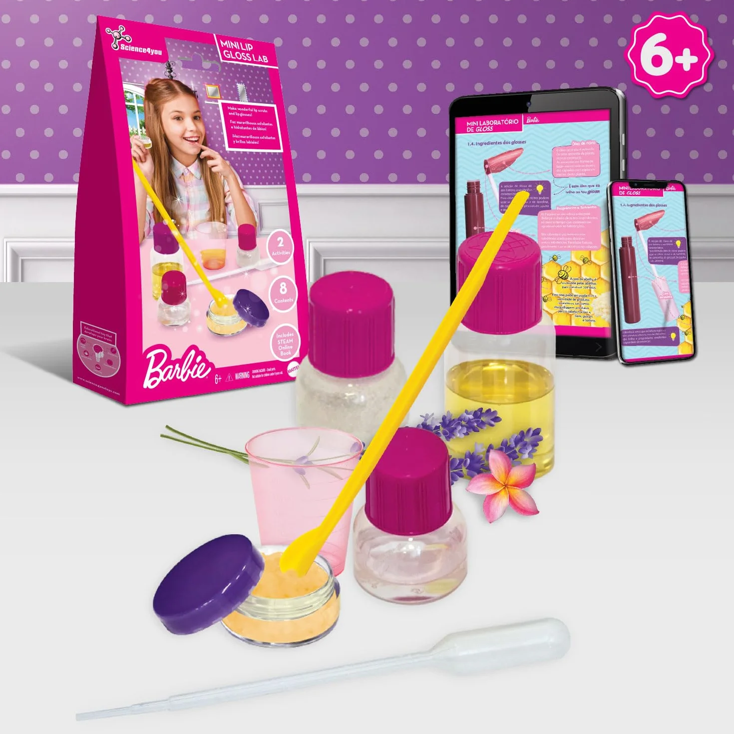 Science4you Barbie Mini Kit de Brillant à Lèvres – Fabriquez vos Propres Gloss et Gommage, 8 Contenus de Beauté pour Enfants, Cadeau Original Filles 6+