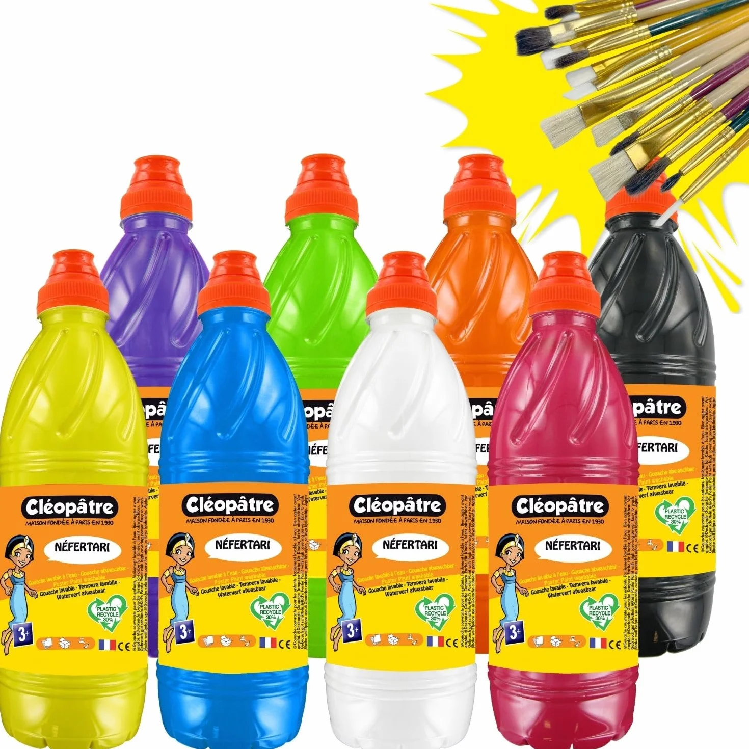 Cléopâtre Lot de 8 flacons Gouache 1L + 25 pinceaux brosses Ecole