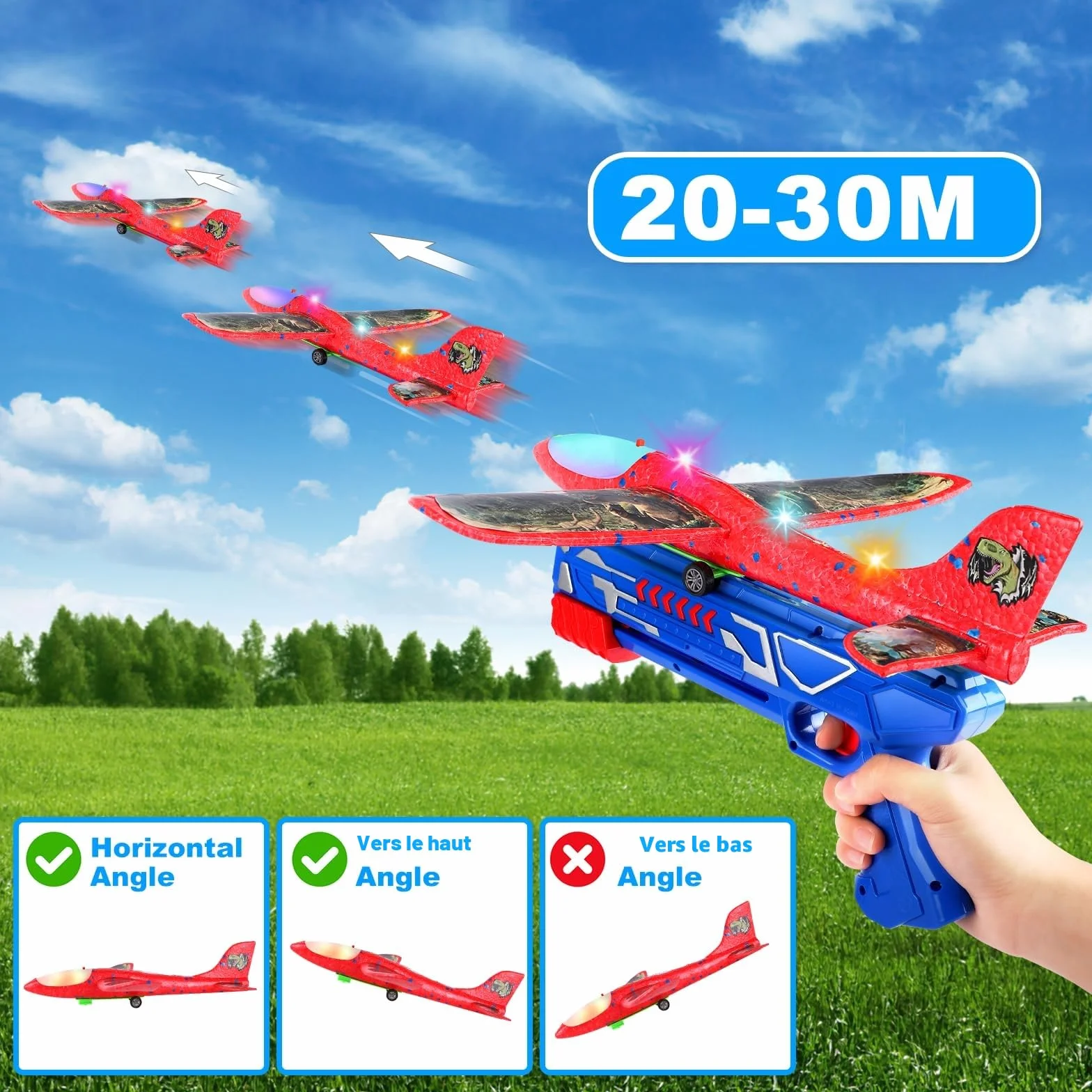 Avion Polystyrene Planeur avec Pistolet Catapulte, 3 Pièces Jouet Volant LED Enfant Exterieur Intérieur Cadeau Garçon Fille 3-10+ Ans