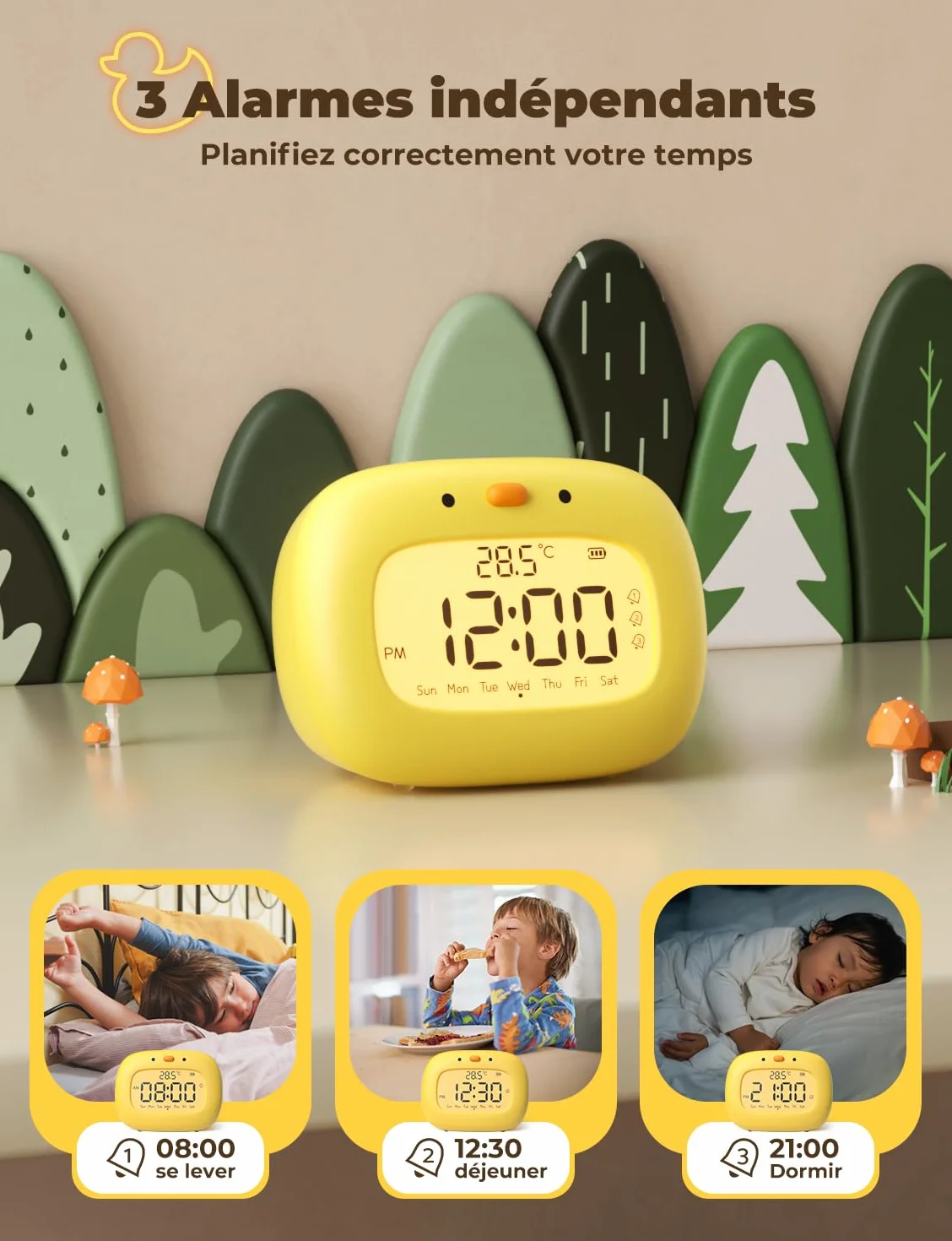 YISSVIC Réveil Enfant Numérique 3 Alarmes 12/24 Heure Snooze Minuterie Affichage Semaine Type C Rechargeable Forme Canard