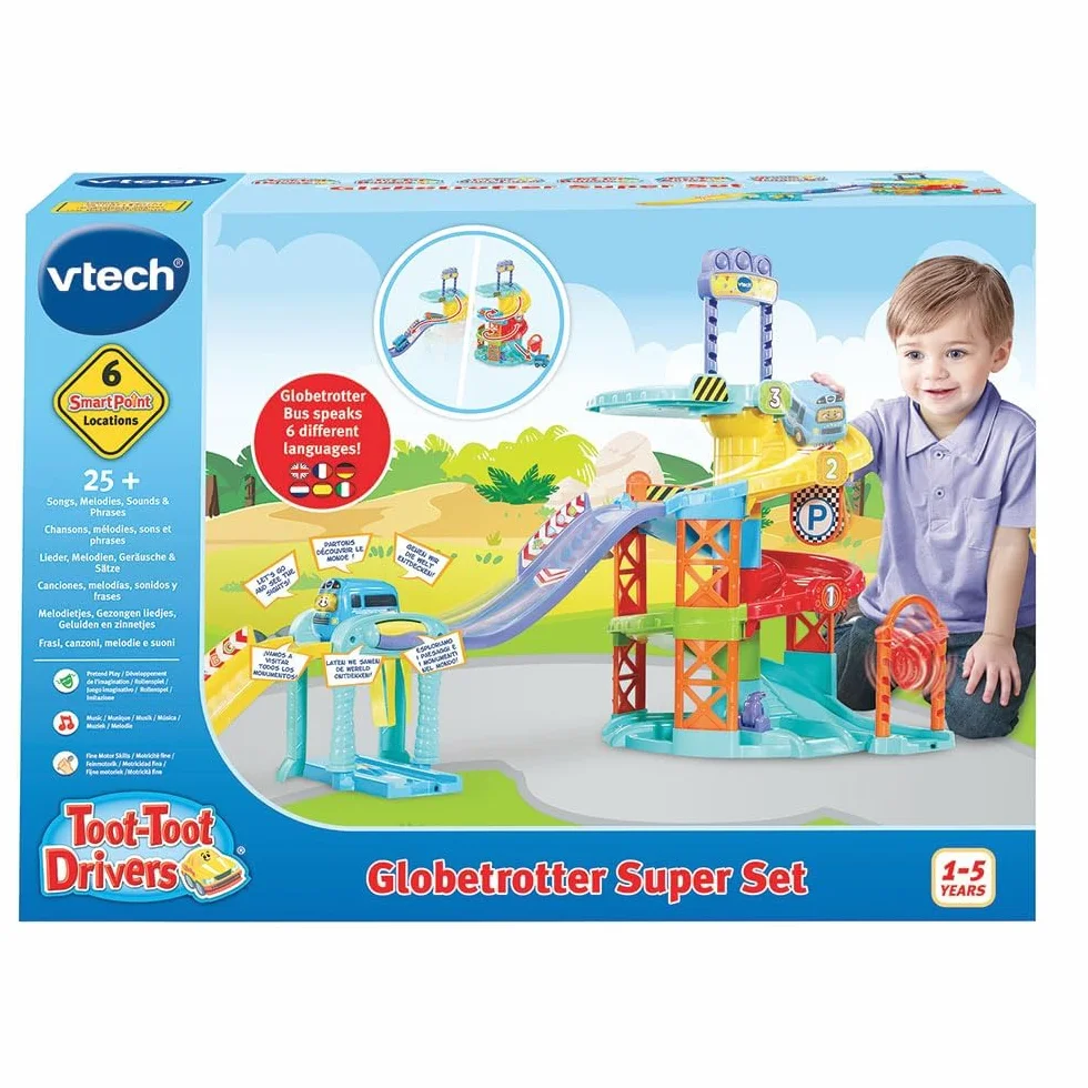 VTech Tut Tut Bolides Globetrotter Super Set Bus Globe-Trotteur Multilingue Circuit Voitures 6 Zones Magiques