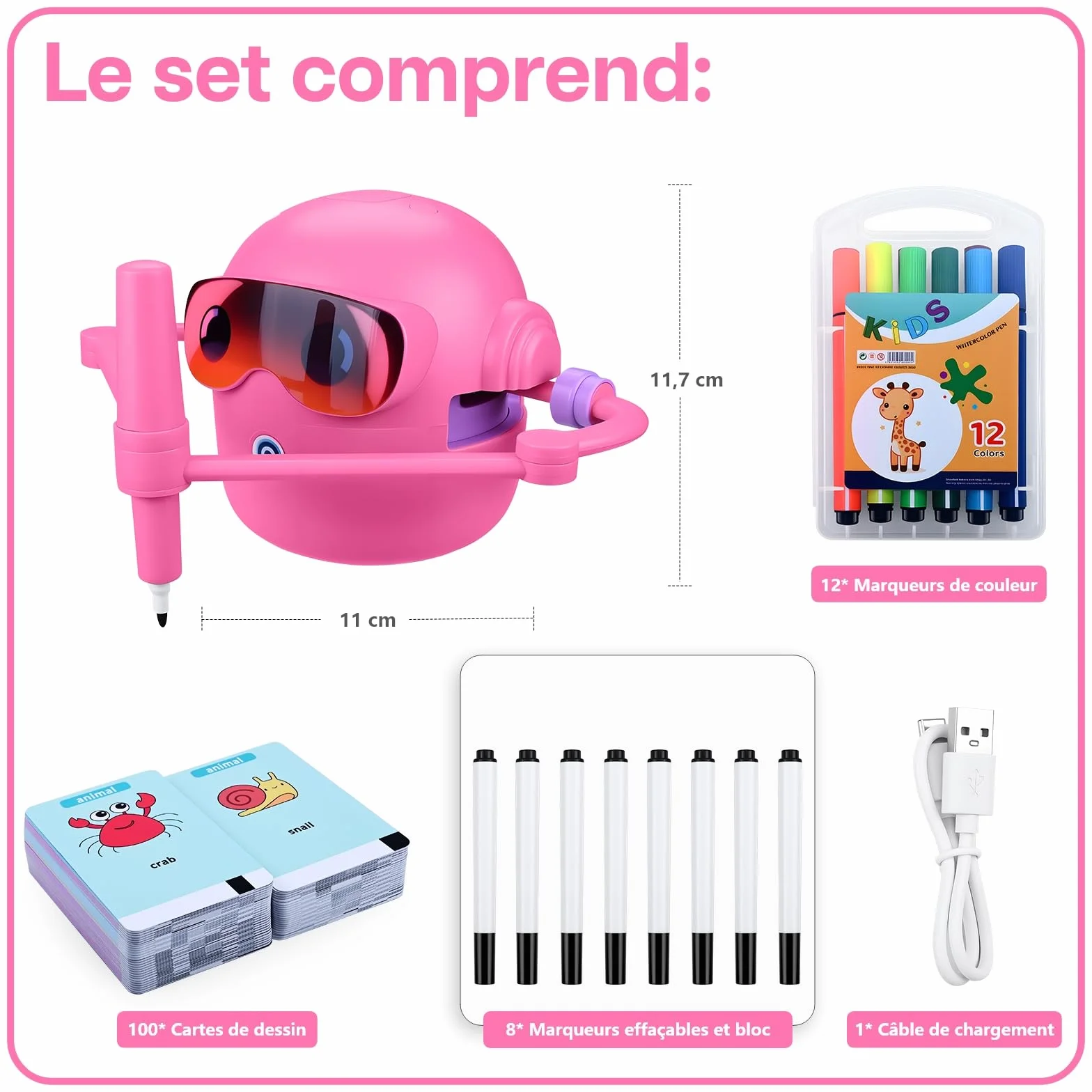 Robot de Dessin pour Enfants MMOBIEL Pictobot Jouet Éducatif Interactif 100 Cartes de Dessin Guide Vocal 12 Feutres Colorés Batterie USB-C Cadeau Filles Garçons 3-9 Ans Rose