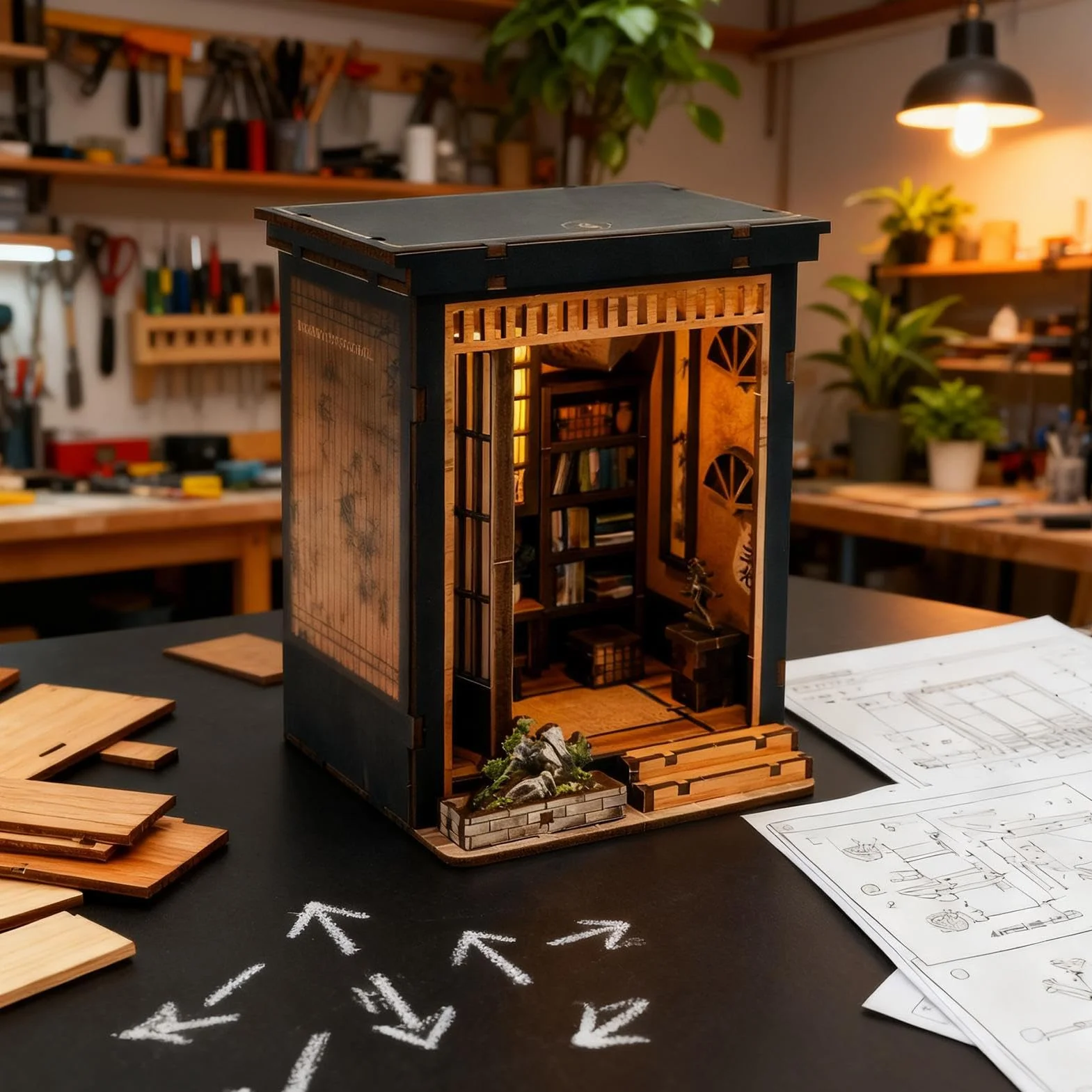 Kit de construction de mini maison japonaise - Projet en bois, modèle de maison de bibliothèque artistique, architecture miniature série à thème