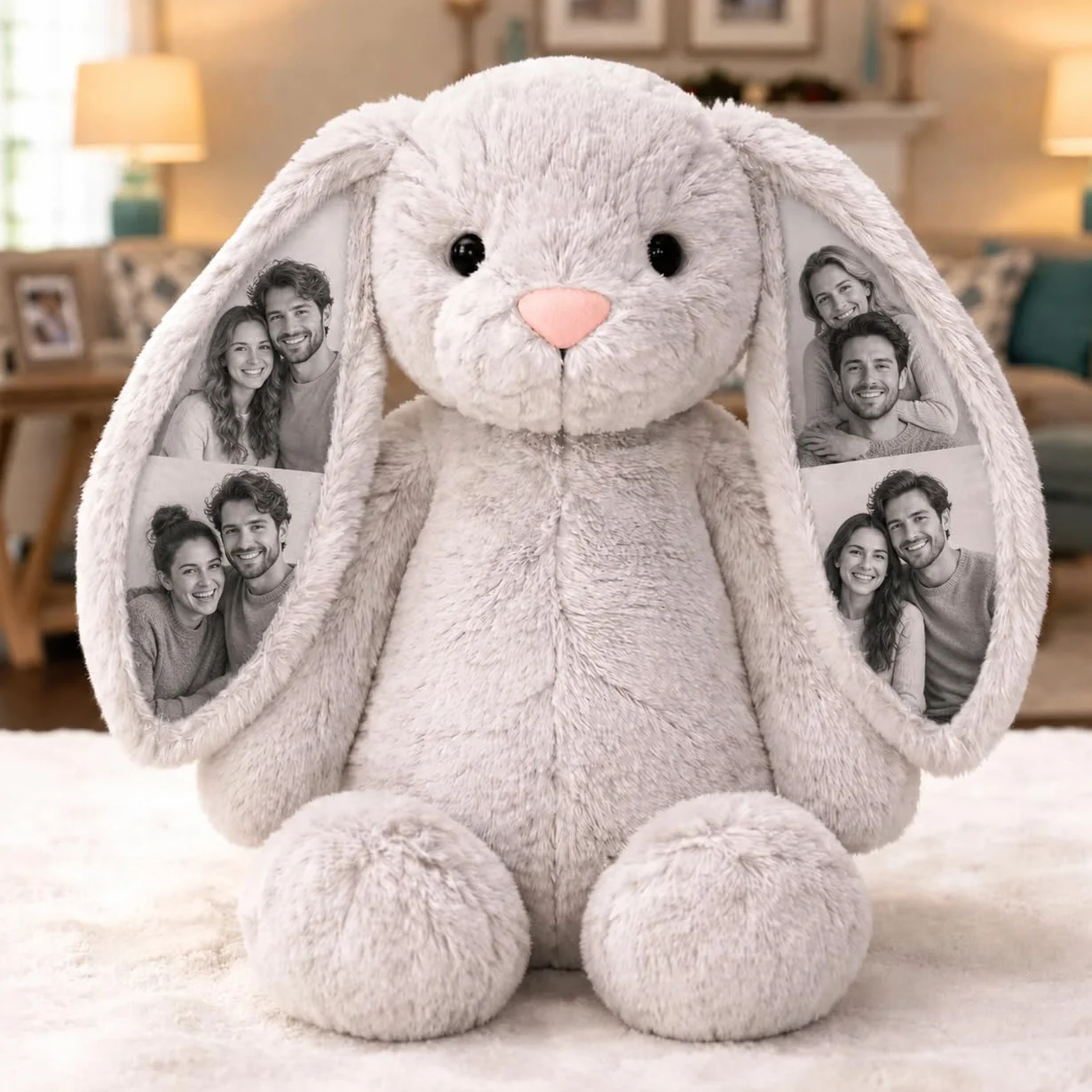 Peluche Lapin Personnalisé avec Photo Coussin Animal pour Femme Couple Cadeau Anniversaire
