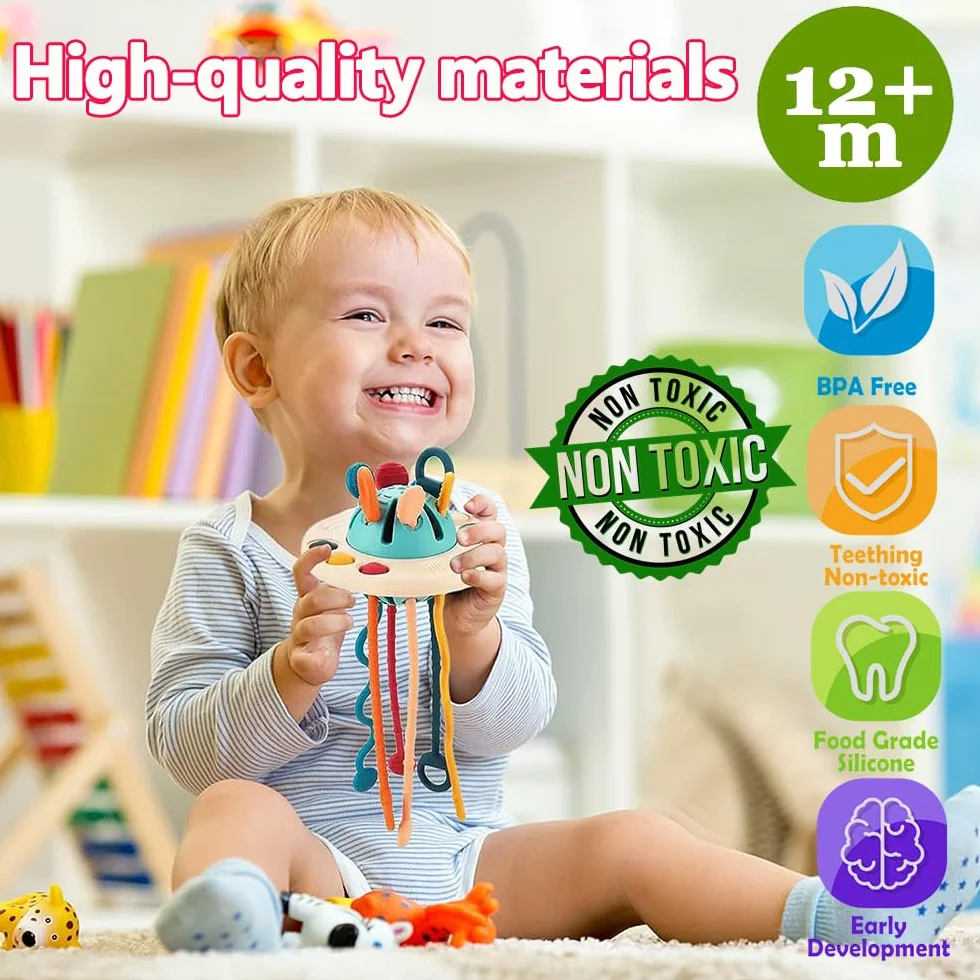 Jouets Montessori Bébés 6-12-18 Mois, Jouet Bebe 1 an, Jeux Motricité Multisensorielle Corde à Tirer Silicone