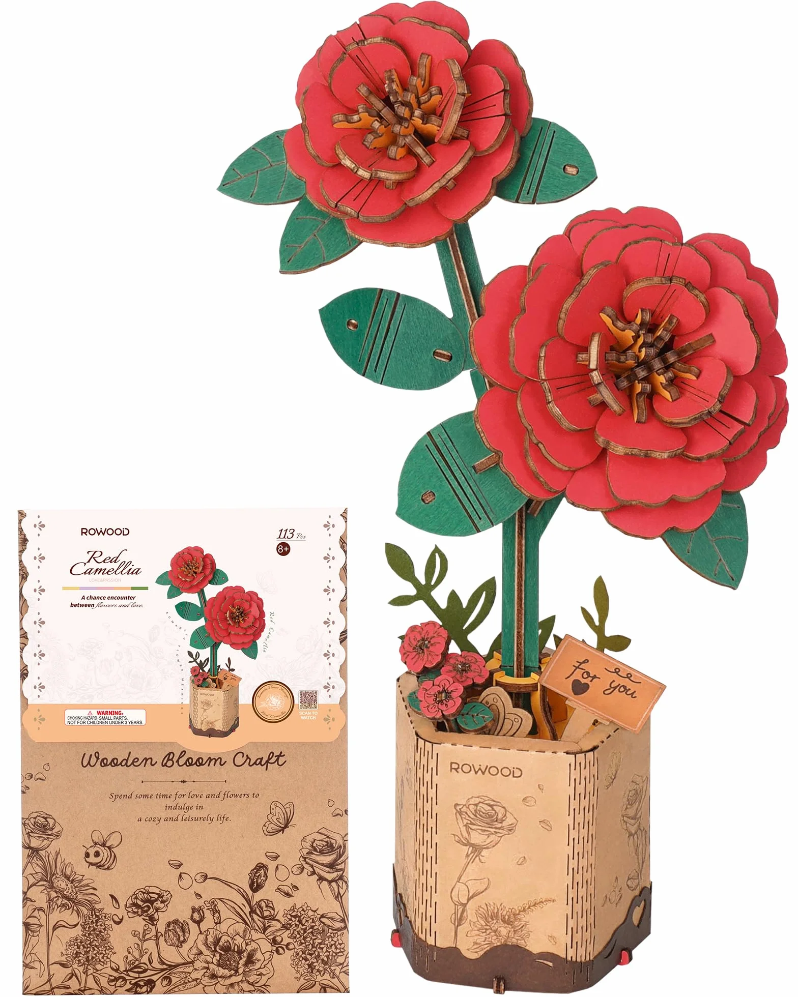rowood Puzzle 3D Fleur en Bois Kit de Modélisation de Fleurs Artificielles à Assembler pour Adultes (Red Camellia)