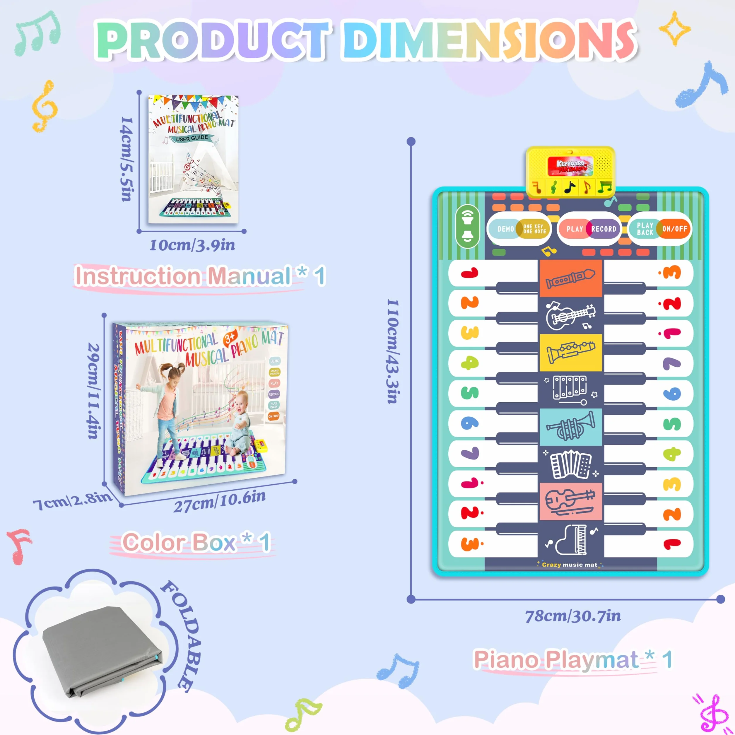 Charmofun Tapis Piano Bebe Musical Enfant avec 8 Instruments 10 Chansons Intégrées Jouet pour 1-4 Ans