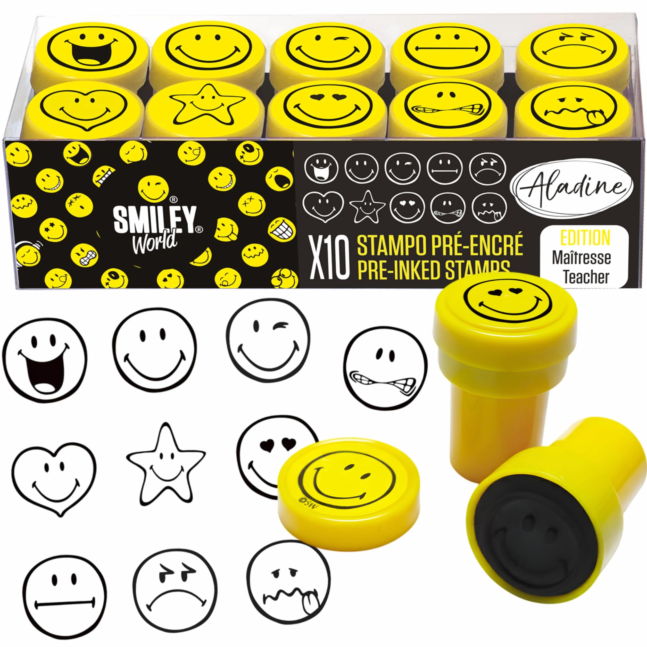 Aladine 10 Tampons Encreurs Smiley World Emoji Enfants Enseignants Humeur Encouragements