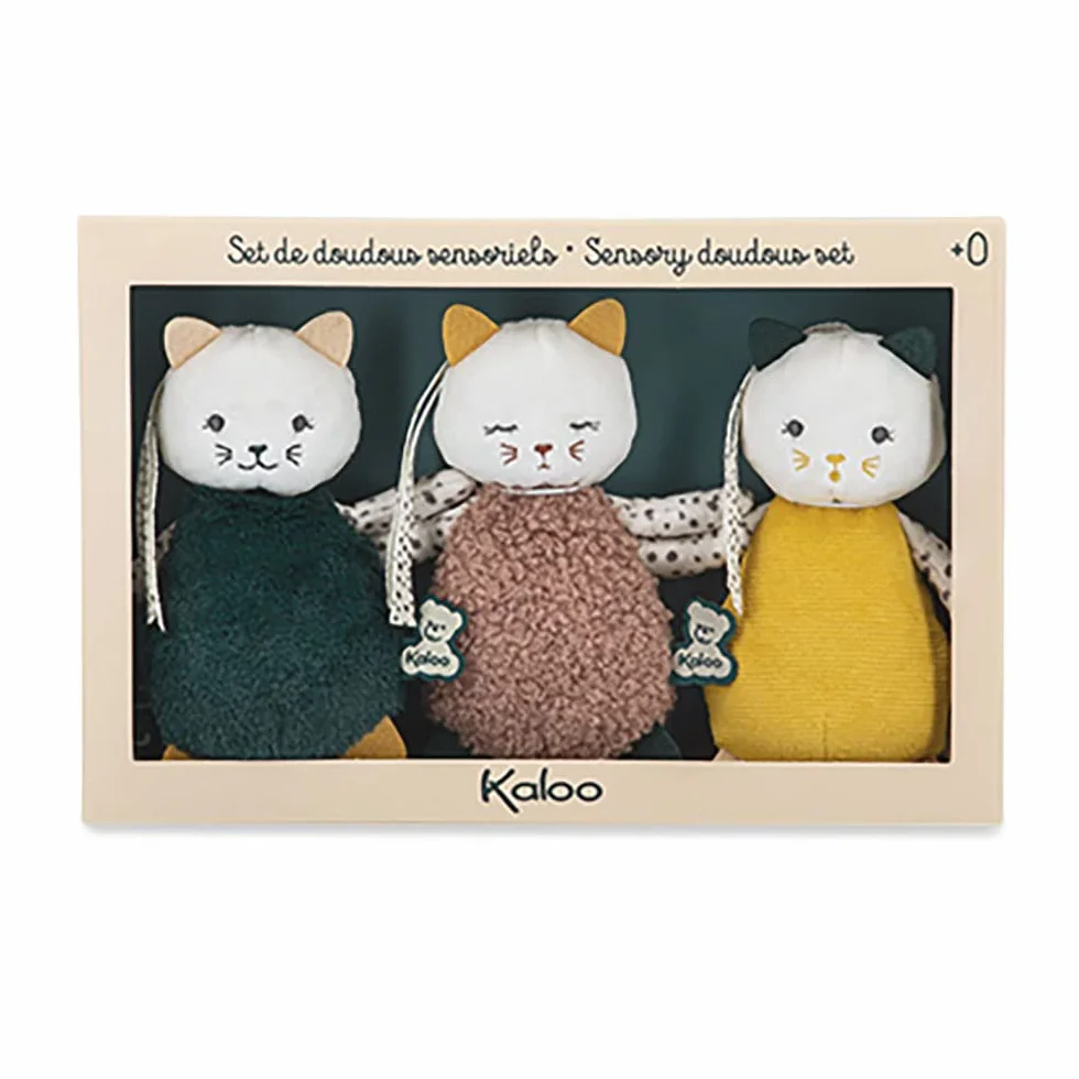 KALOO Stimuli Mes Petits Chats à Caresser Set de 3 Doudous Sensoriels Bébé Jouet d'Eveil Motricité 14 cm Dès la Naissance