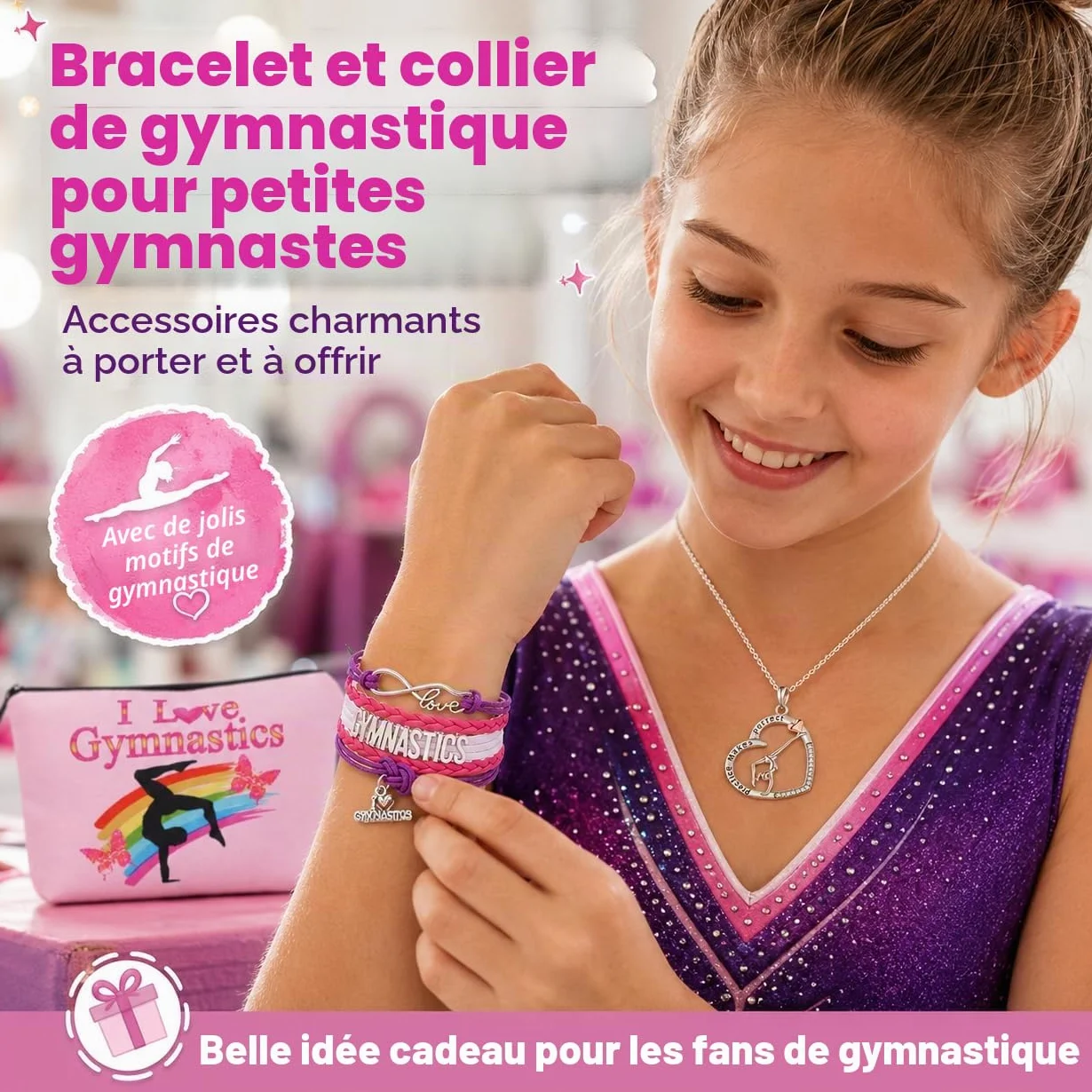 Ensemble d'accessoires de gymnastique pour fille – Bracelet, chaîne, trousse de maquillage et autocollant – Sac de gym