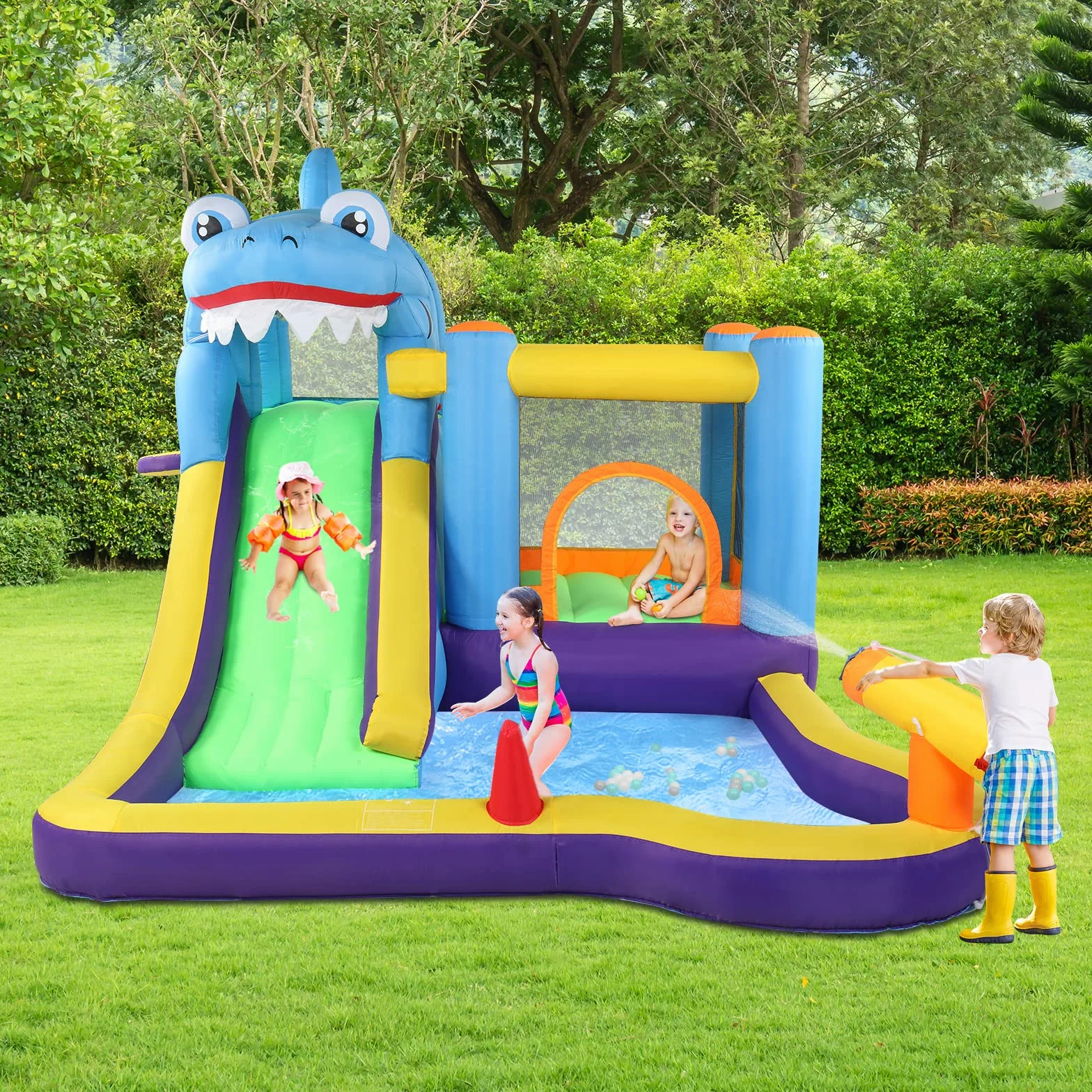 LEADZM Château Gonflable Parc Aquatique Thème Requin avec Trampoline Toboggan Piscine Pistolet à Eau 380x260x240 cm