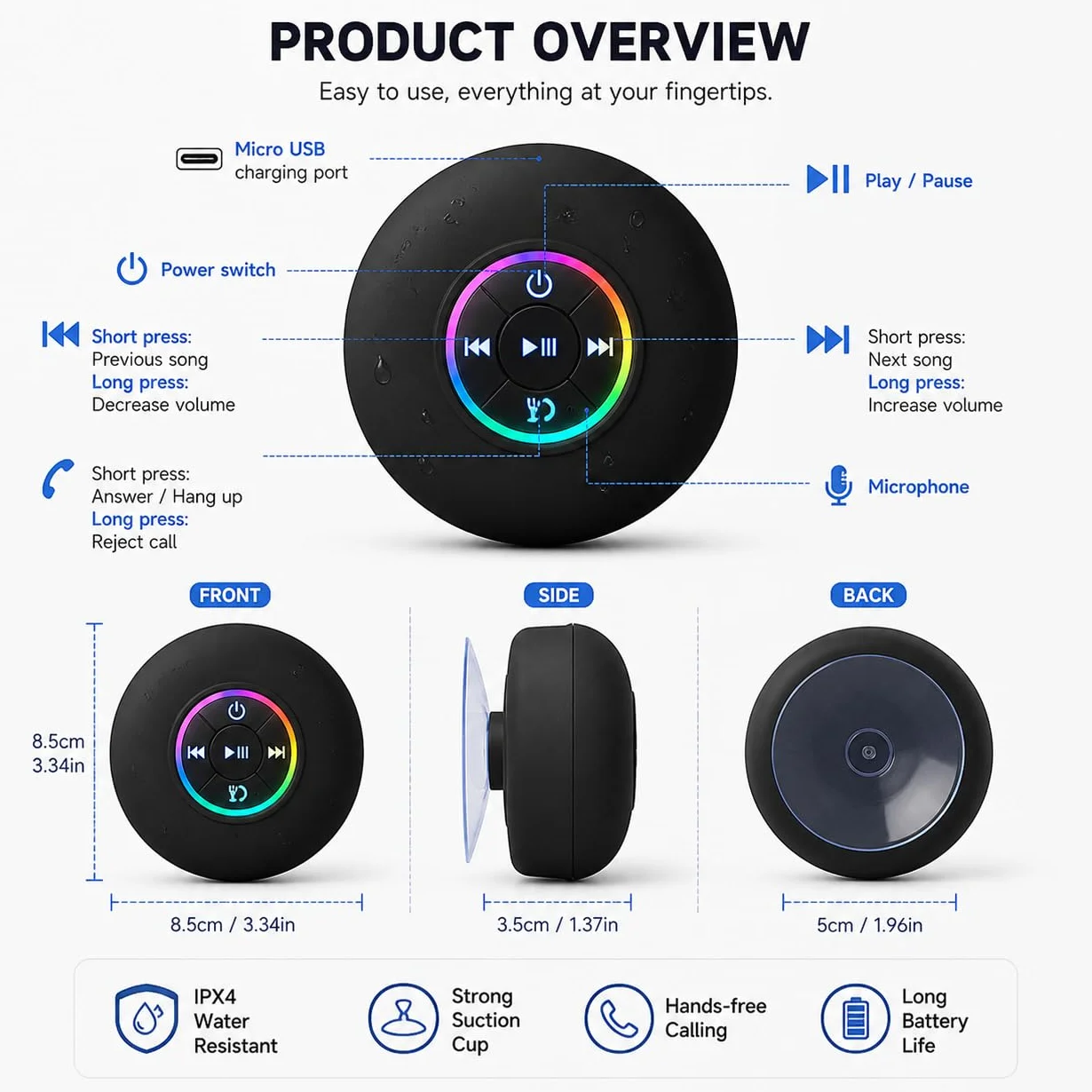 Enceinte Bluetooth étanche IPX4 portable sans fil avec LED, micro intégré, ventouse rechargeable noir