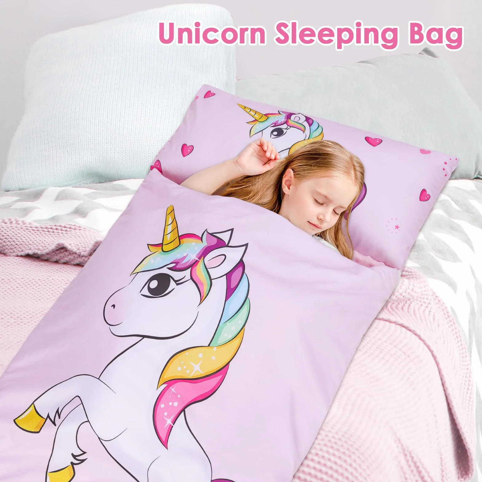 Sac de Couchage Chaud pour Enfants avec Oreiller Amovible, Double Fermeture Eclair pour Camping Ecole Garderie