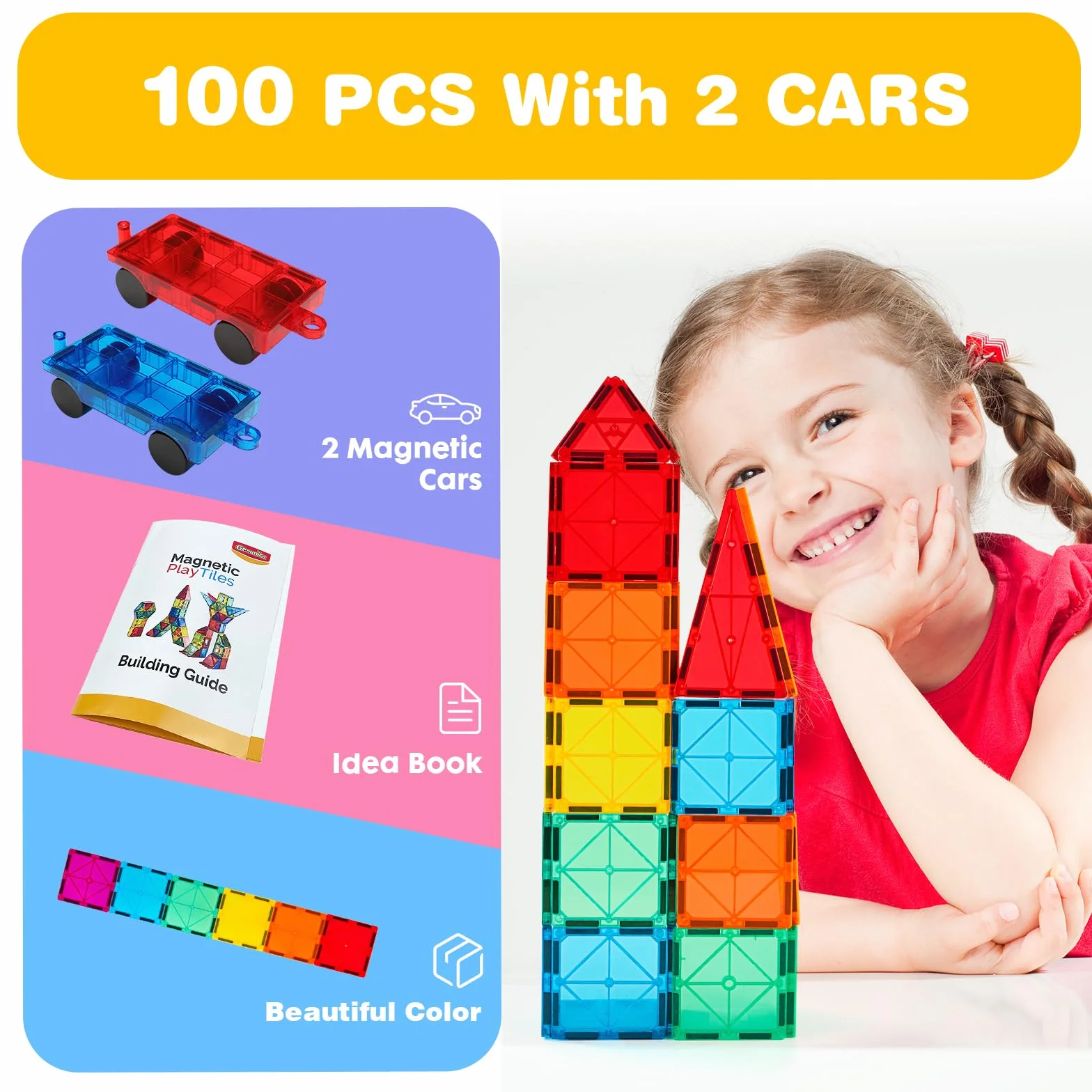 Gemmicc Tuiles Magnétiques 100 Pièces avec 2 Voitures, Jeu Éducatif STEM