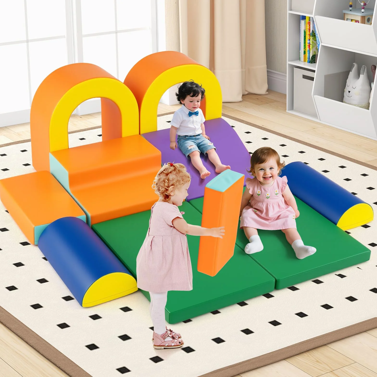 COSTWAY Module Motricité Bébé avec Toboggan & Escalier, Parcours Motricité en Mousse, Jouets Éducatifs Orange